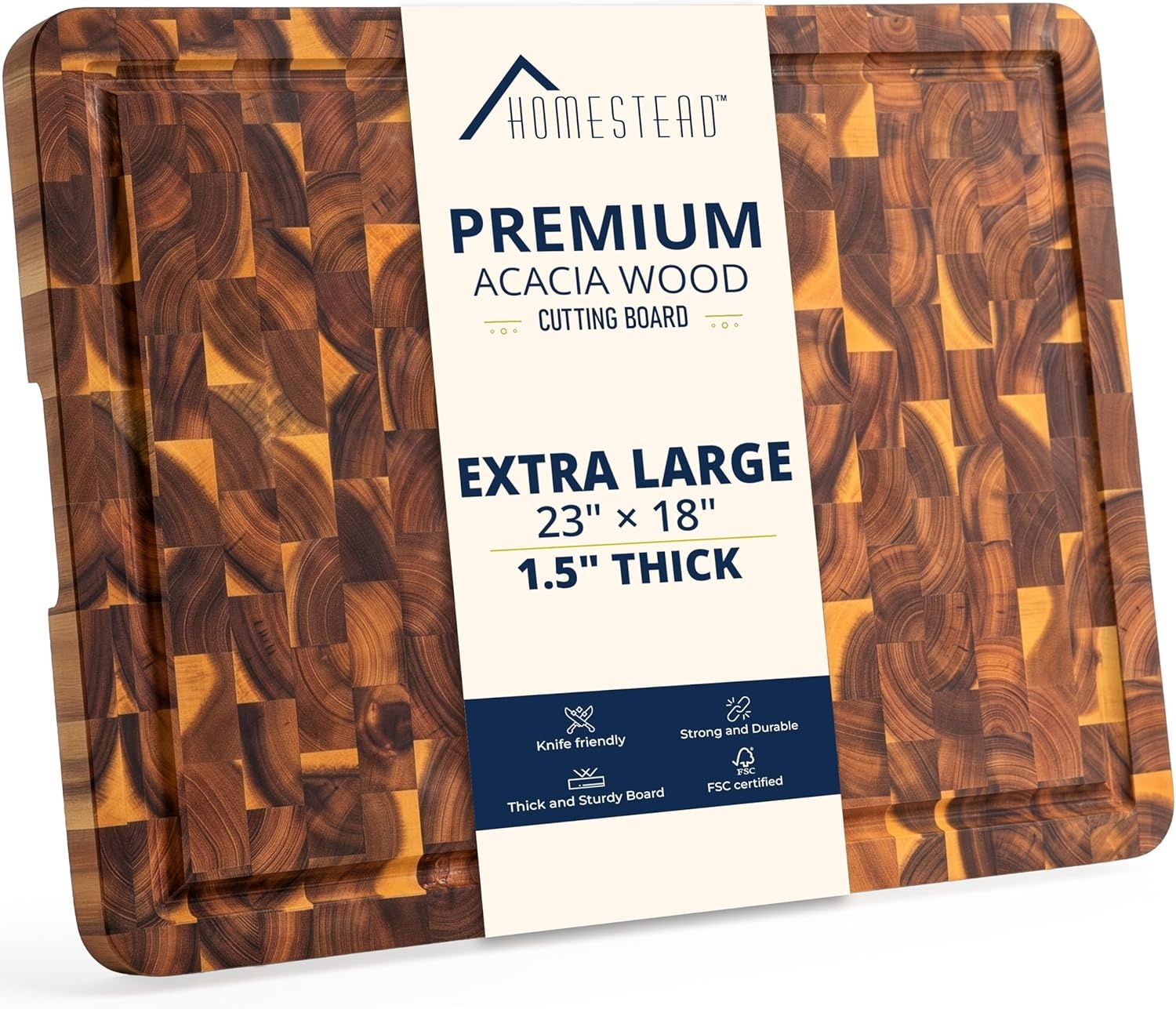 image:imageHOMESTEAD End Grain Acacia Wood Cutting Board for Kitchen 18x14x125 in Large Butcher Block Chopping Board for Meat Vegetables with Juice Groove Sorting Compartments Handles KnifeFriendly SurfaceNatural