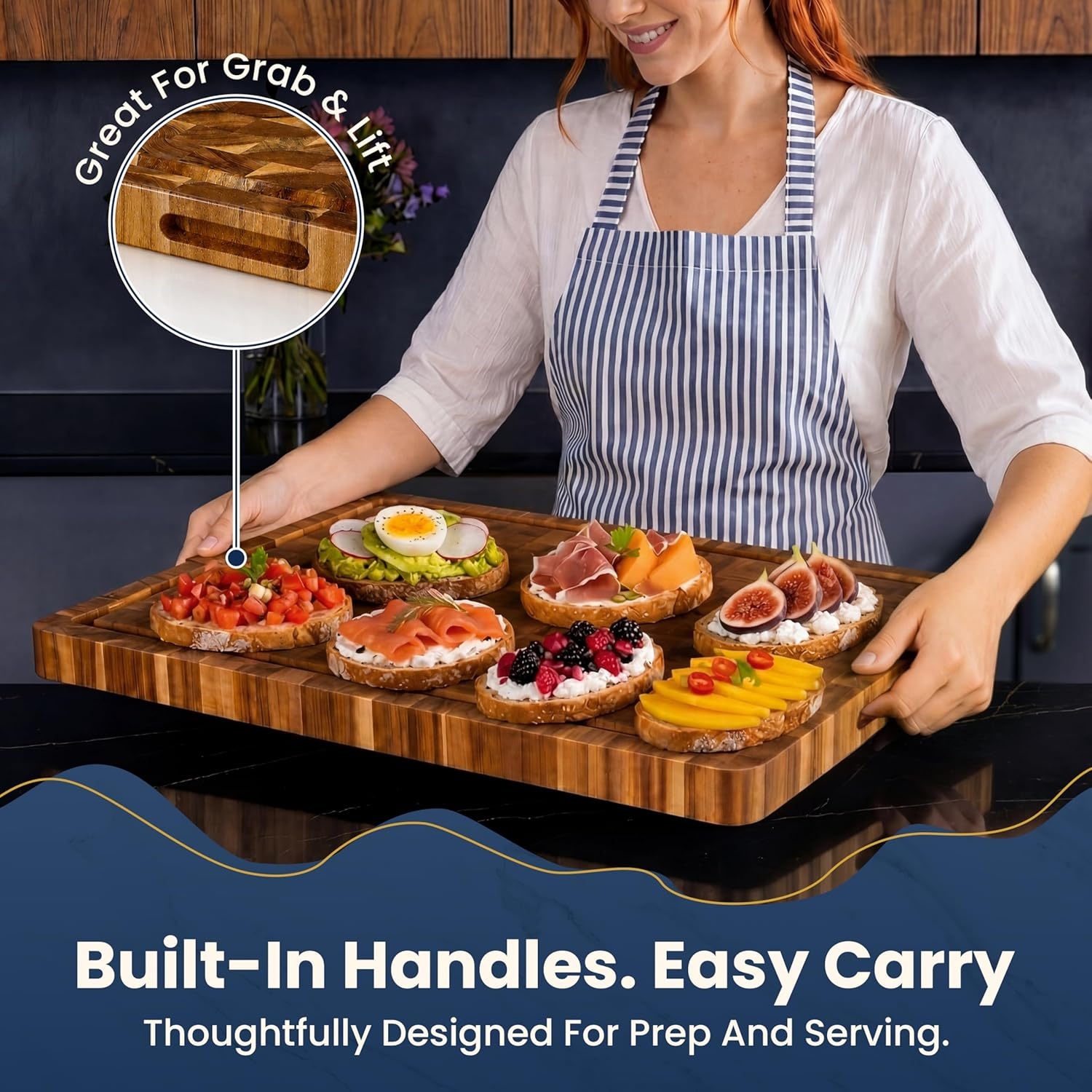 image:imageHOMESTEAD End Grain Acacia Wood Cutting Board for Kitchen 18x14x125 in Large Butcher Block Chopping Board for Meat Vegetables with Juice Groove Sorting Compartments Handles KnifeFriendly SurfaceNatural