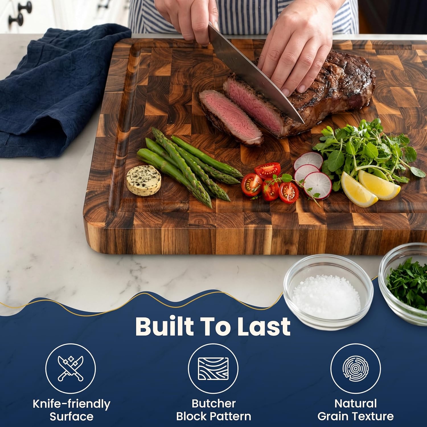 image:imageHOMESTEAD End Grain Acacia Wood Cutting Board for Kitchen 18x14x125 in Large Butcher Block Chopping Board for Meat Vegetables with Juice Groove Sorting Compartments Handles KnifeFriendly SurfaceEnd Grain