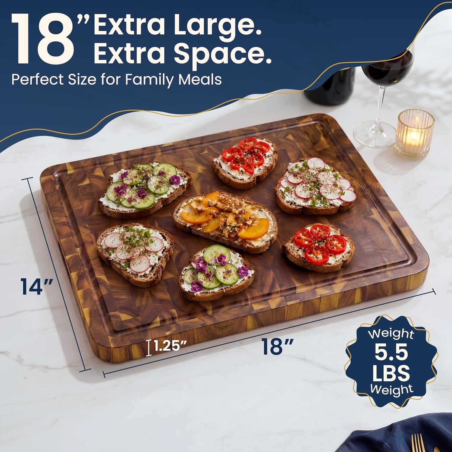 image:imageHOMESTEAD End Grain Acacia Wood Cutting Board for Kitchen 18x14x125 in Large Butcher Block Chopping Board for Meat Vegetables with Juice Groove Sorting Compartments Handles KnifeFriendly SurfaceNatural