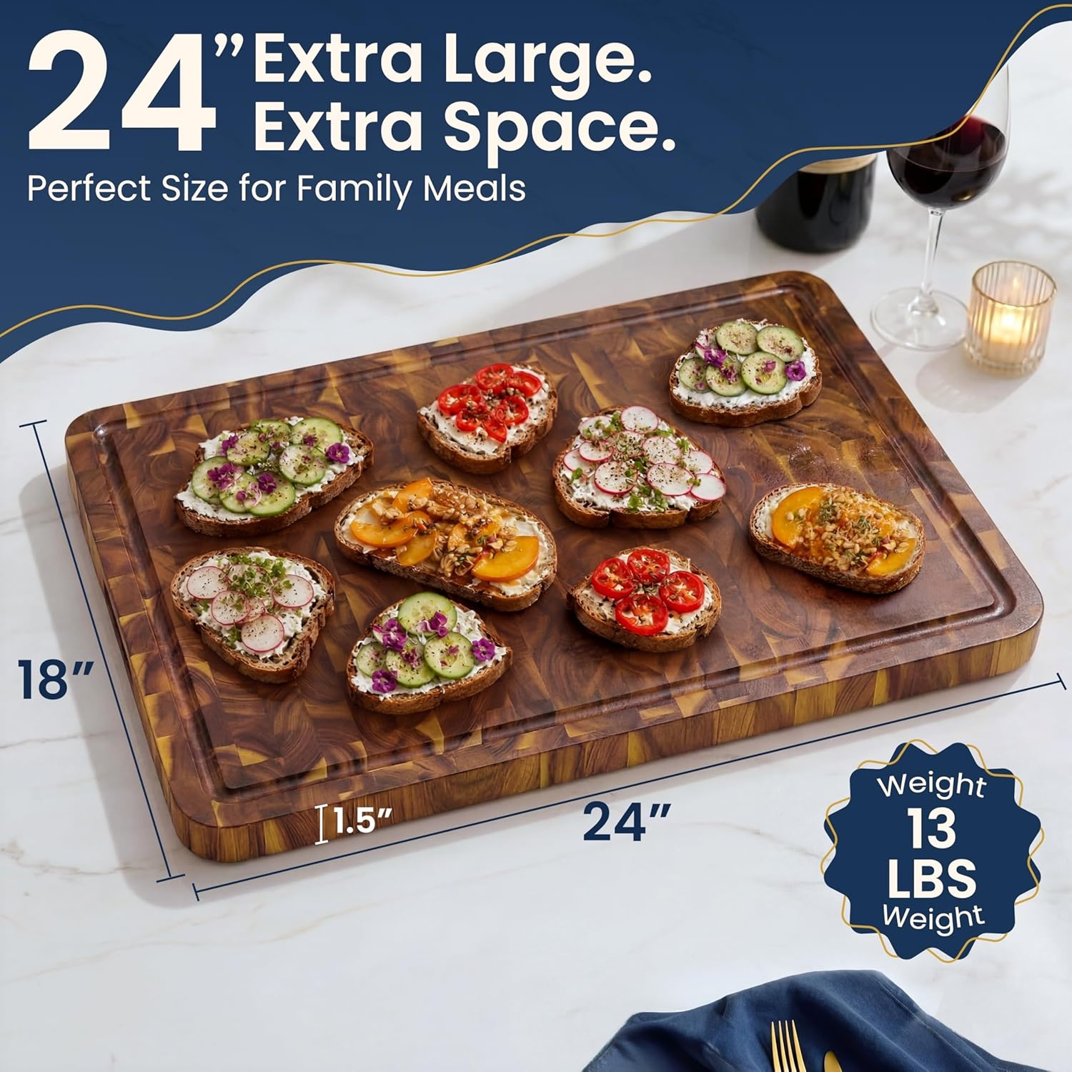 image:imageHOMESTEAD End Grain Acacia Wood Cutting Board for Kitchen 18x14x125 in Large Butcher Block Chopping Board for Meat Vegetables with Juice Groove Sorting Compartments Handles KnifeFriendly SurfaceNatural