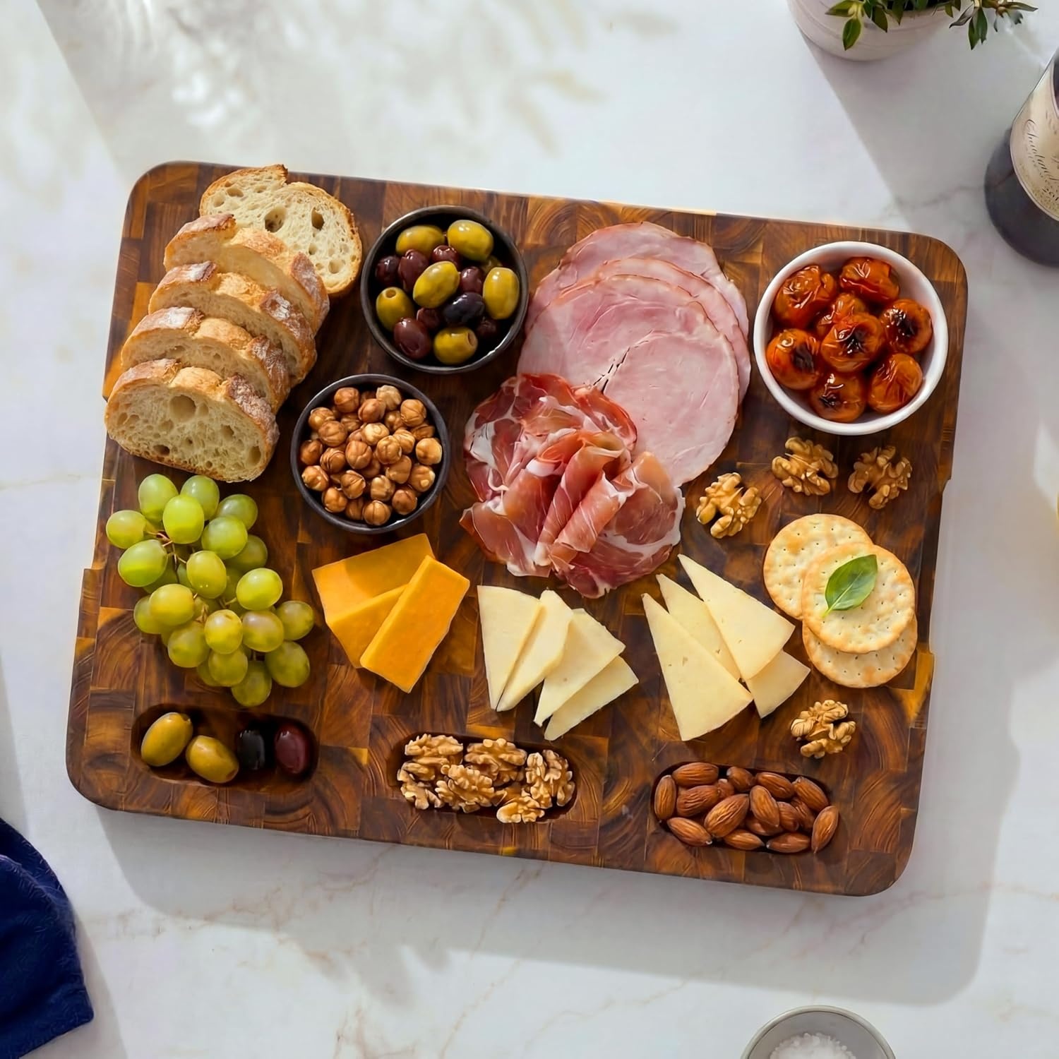 image:imageHOMESTEAD End Grain Acacia Wood Cutting Board for Kitchen 18x14x125 in Large Butcher Block Chopping Board for Meat Vegetables with Juice Groove Sorting Compartments Handles KnifeFriendly SurfaceNatural