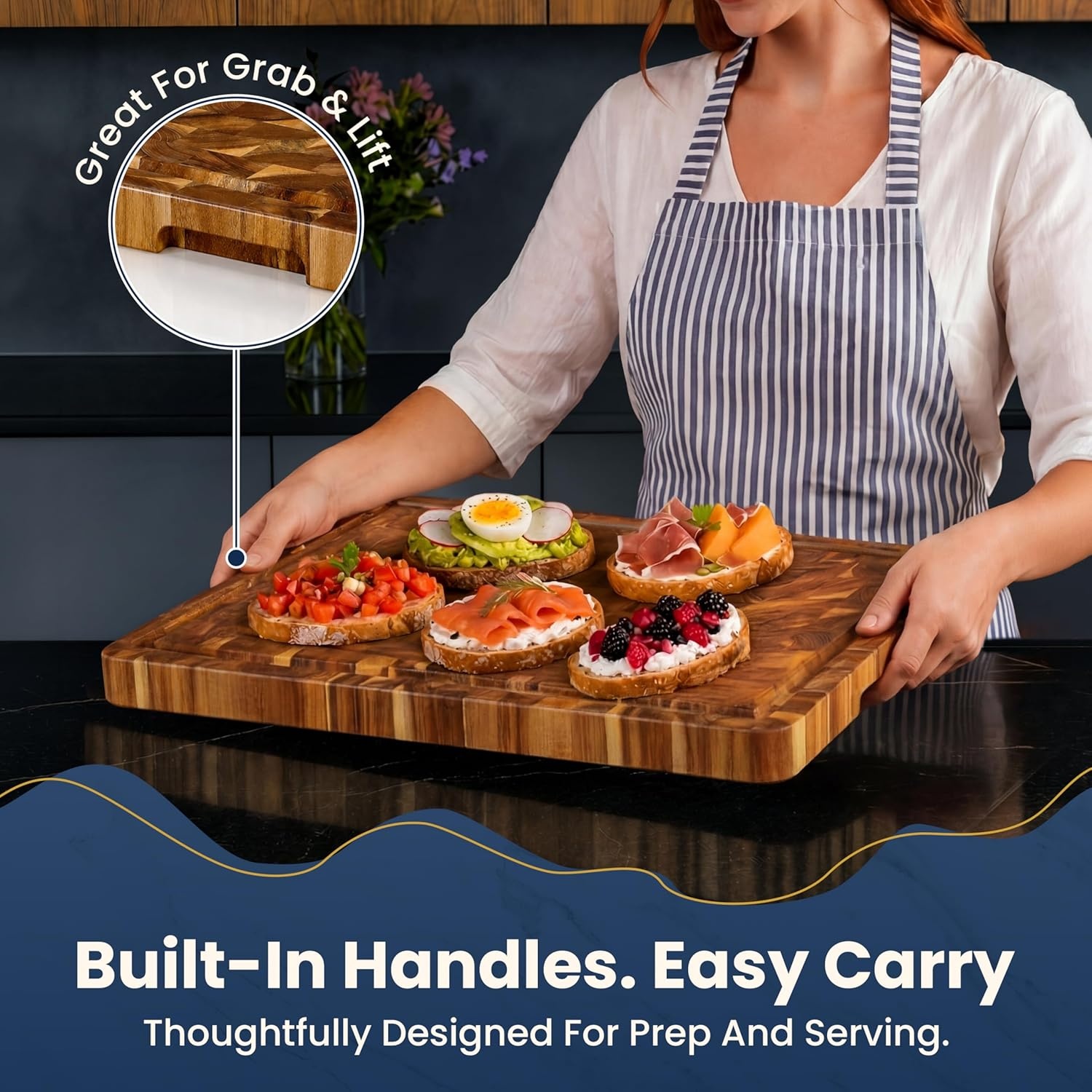 image:imageHOMESTEAD End Grain Acacia Wood Cutting Board for Kitchen 18x14x125 in Large Butcher Block Chopping Board for Meat Vegetables with Juice Groove Sorting Compartments Handles KnifeFriendly SurfaceNatural