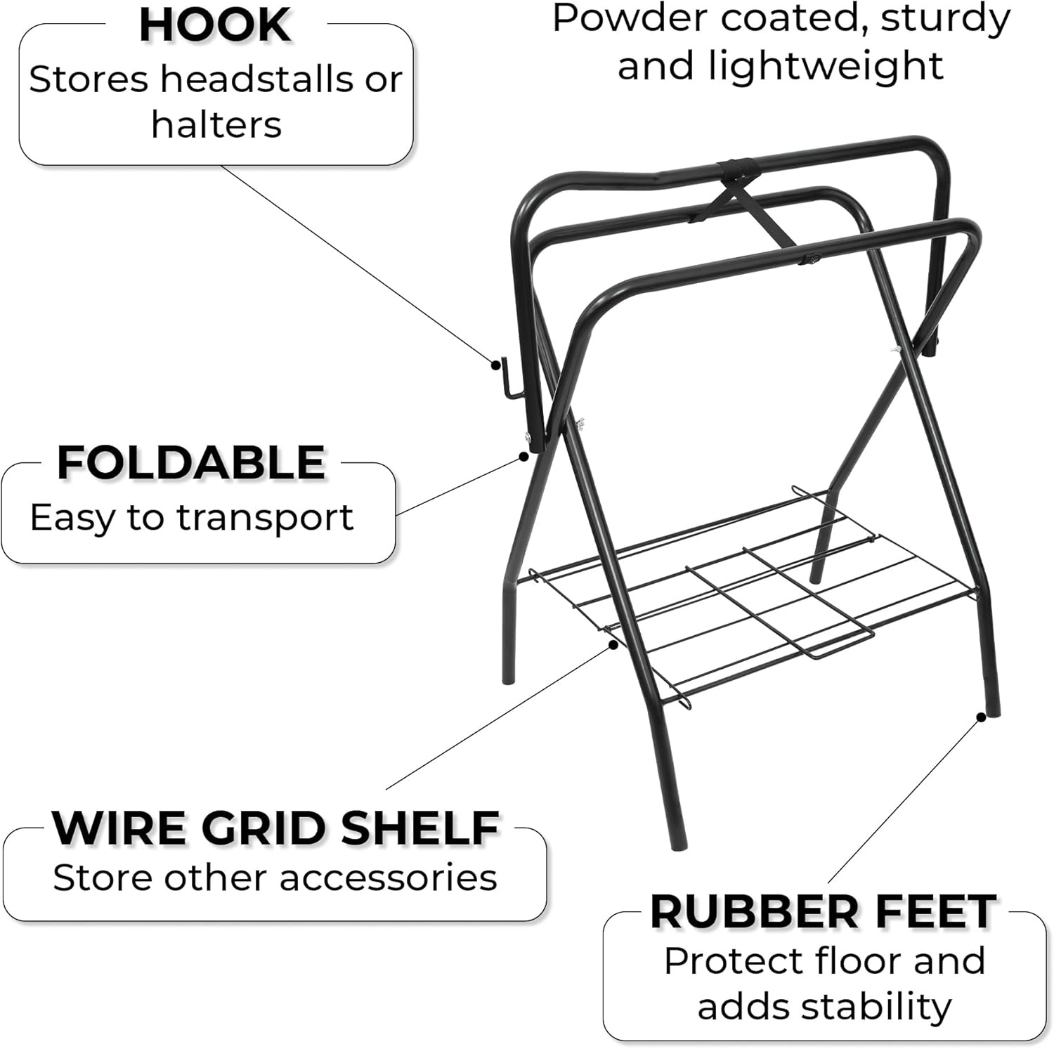image:imageHOMESTEAD Portable Saddle Rack Heavy Duty Stand for English amp Western Saddles Durable Folding Stand with Bridle Hook amp Storage Ideal for Tack Room amp Travel