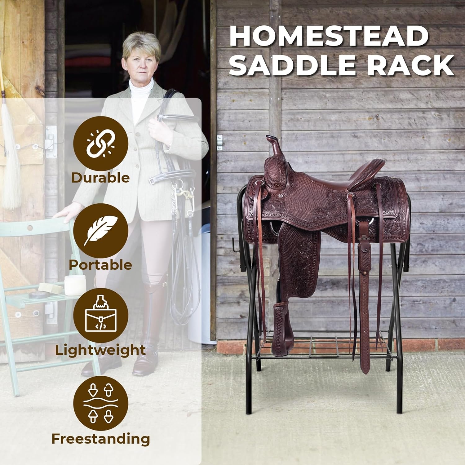 image:imageHOMESTEAD Portable Saddle Rack Heavy Duty Stand for English amp Western Saddles Durable Folding Stand with Bridle Hook amp Storage Ideal for Tack Room amp Travel
