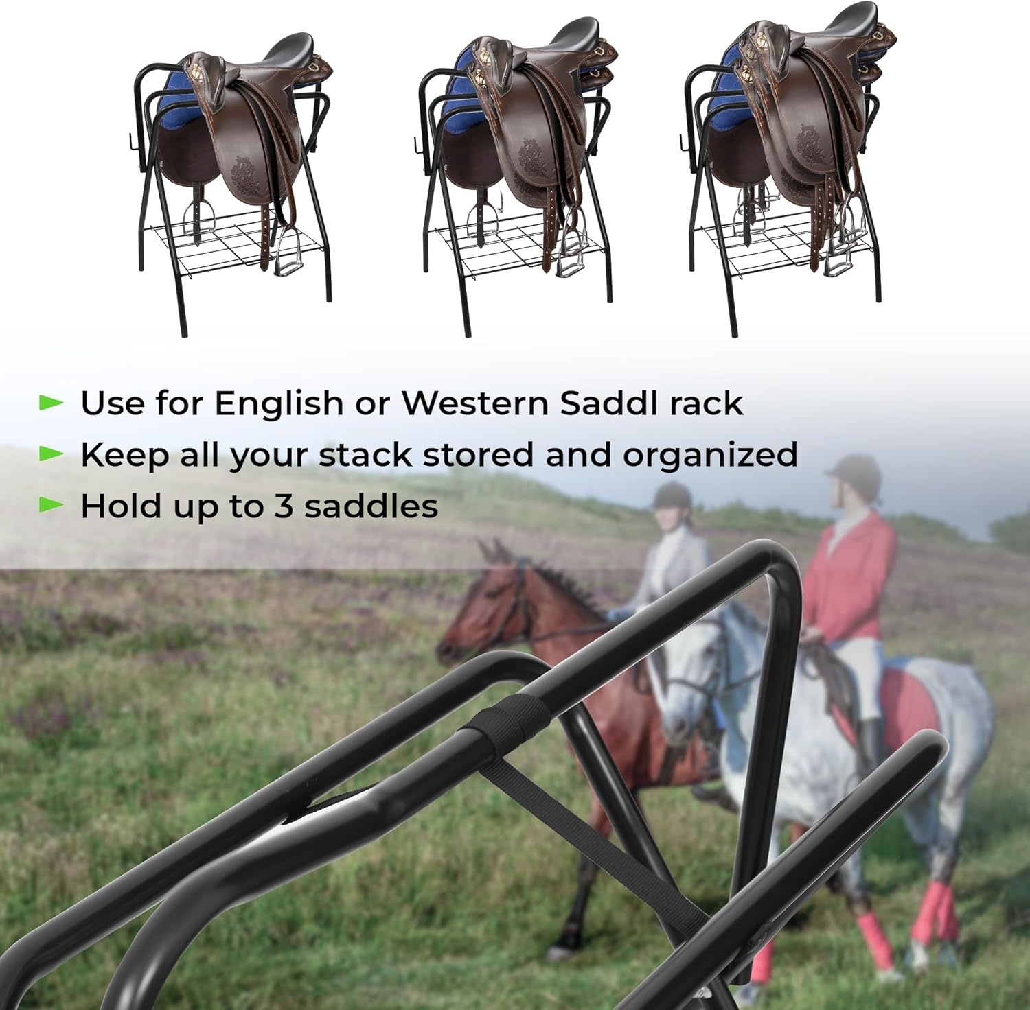 image:imageHOMESTEAD Portable Saddle Rack Heavy Duty Stand for English amp Western Saddles Durable Folding Stand with Bridle Hook amp Storage Ideal for Tack Room amp Travel