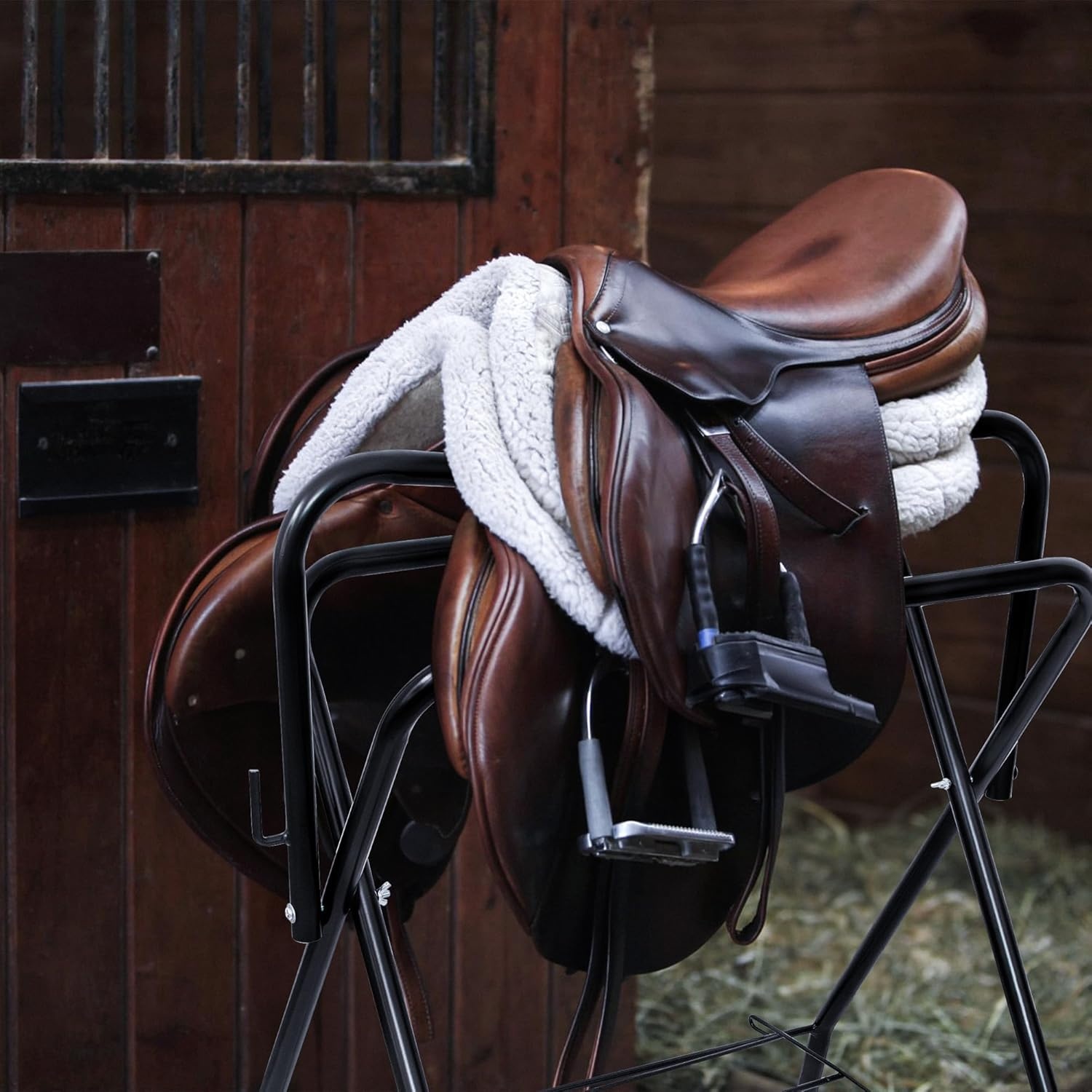 image:imageHOMESTEAD Portable Saddle Rack Heavy Duty Stand for English amp Western Saddles Durable Folding Stand with Bridle Hook amp Storage Ideal for Tack Room amp Travel