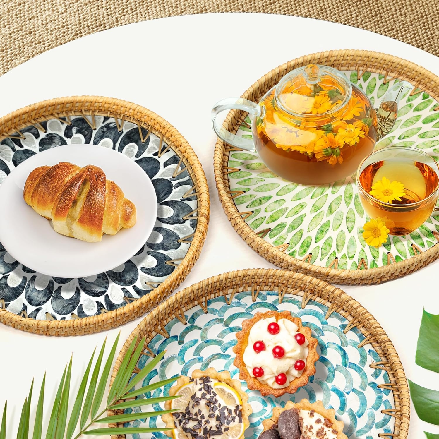 image:imageHOMESTEAD Rattan Serving Tray Round Decorative Wicker Ottoman Tray with Mother of Pearl Inlay for Coffee Table Kitchen and Home Storage Plume