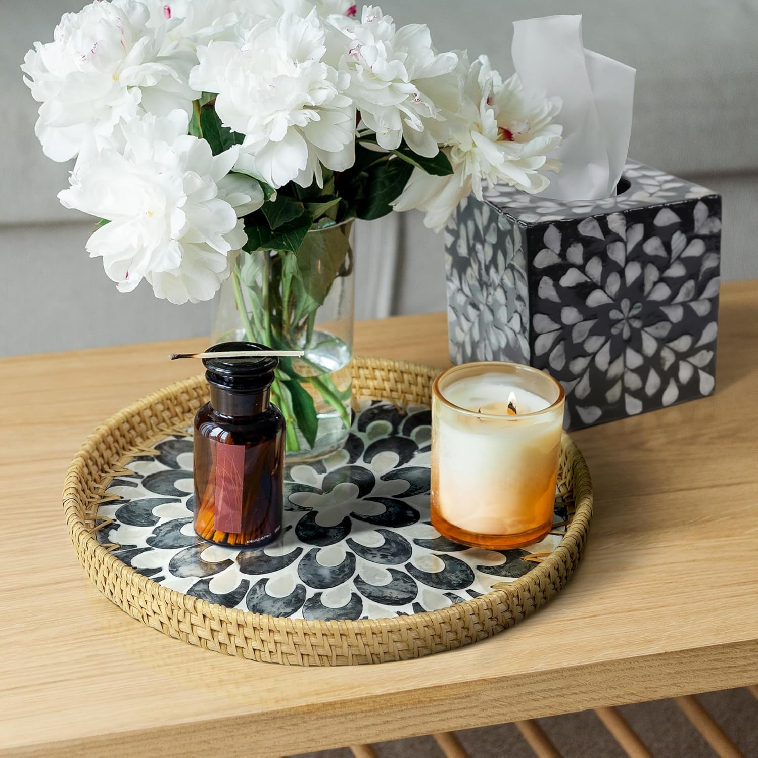image:imageHOMESTEAD Rattan Serving Tray Round Decorative Wicker Ottoman Tray with Mother of Pearl Inlay for Coffee Table Kitchen and Home Storage Plume