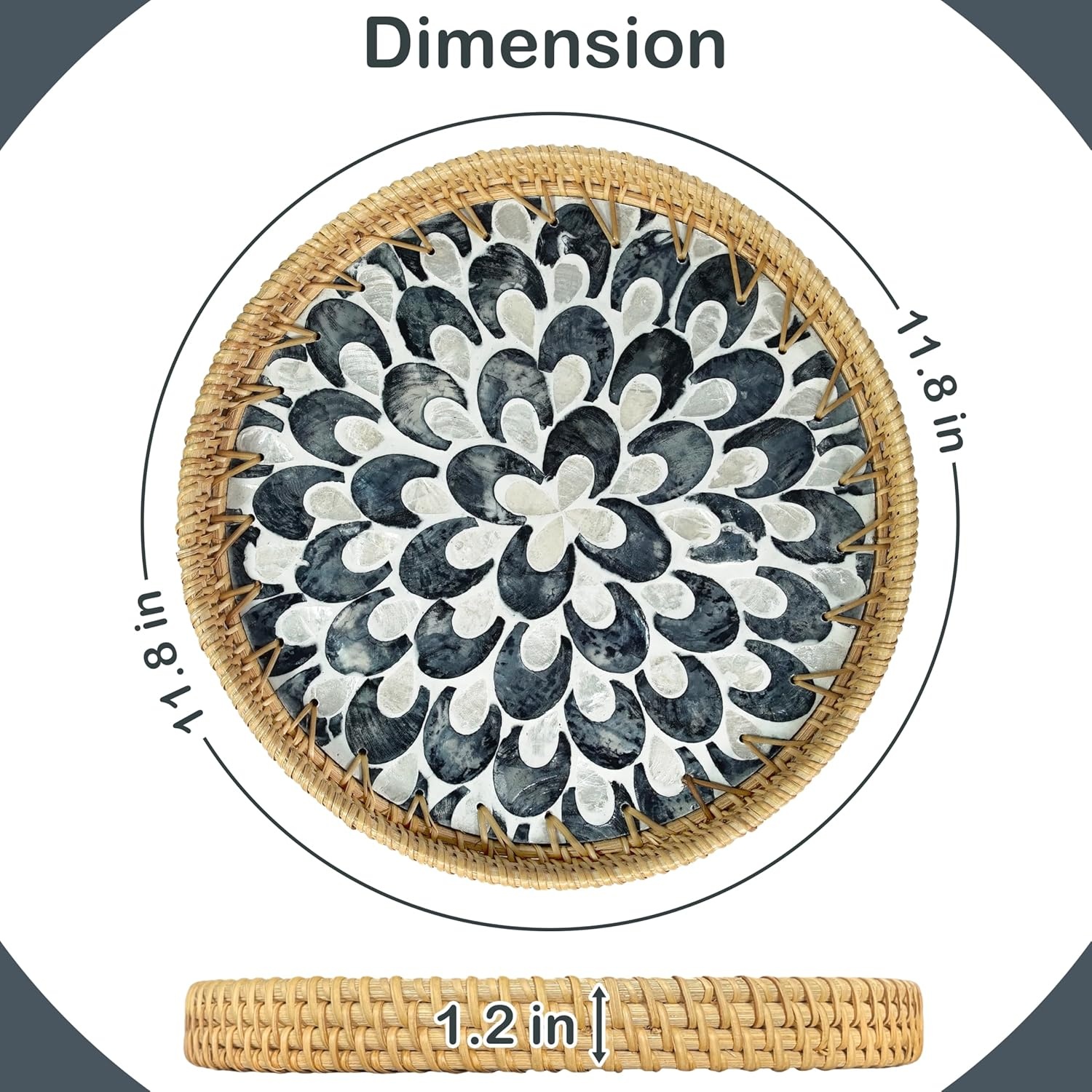 image:imageHOMESTEAD Rattan Serving Tray Round Decorative Wicker Ottoman Tray with Mother of Pearl Inlay for Coffee Table Kitchen and Home Storage Plume