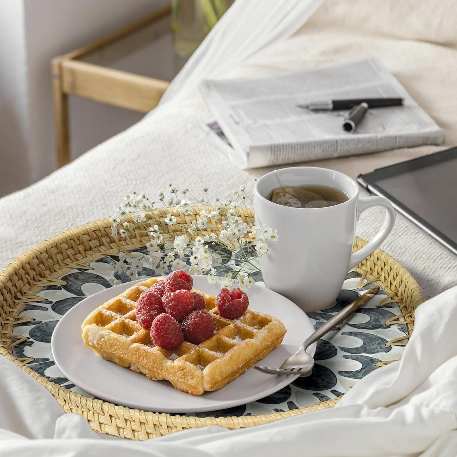 image:imageHOMESTEAD Rattan Serving Tray Round Decorative Wicker Ottoman Tray with Mother of Pearl Inlay for Coffee Table Kitchen and Home Storage Plume