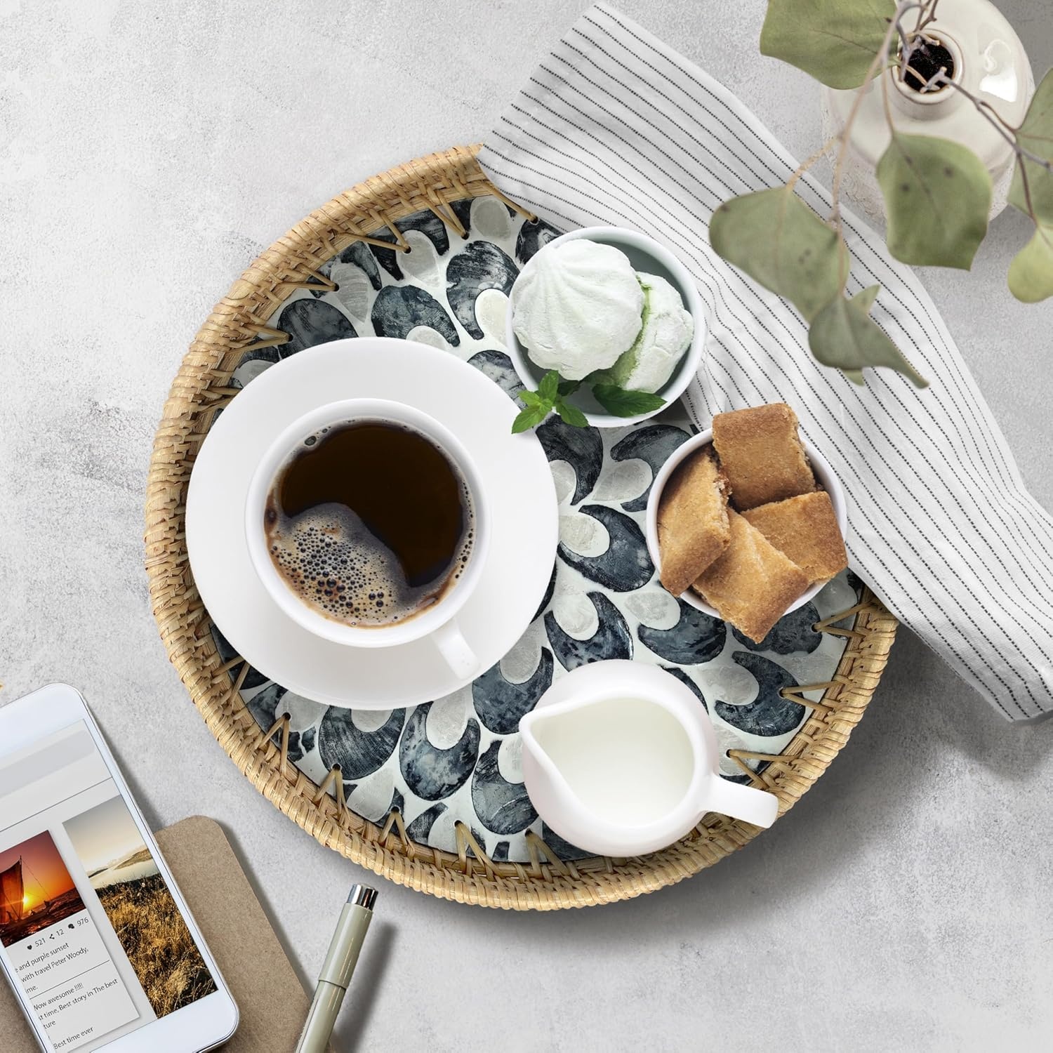 image:imageHOMESTEAD Rattan Serving Tray Round Decorative Wicker Ottoman Tray with Mother of Pearl Inlay for Coffee Table Kitchen and Home Storage Plume