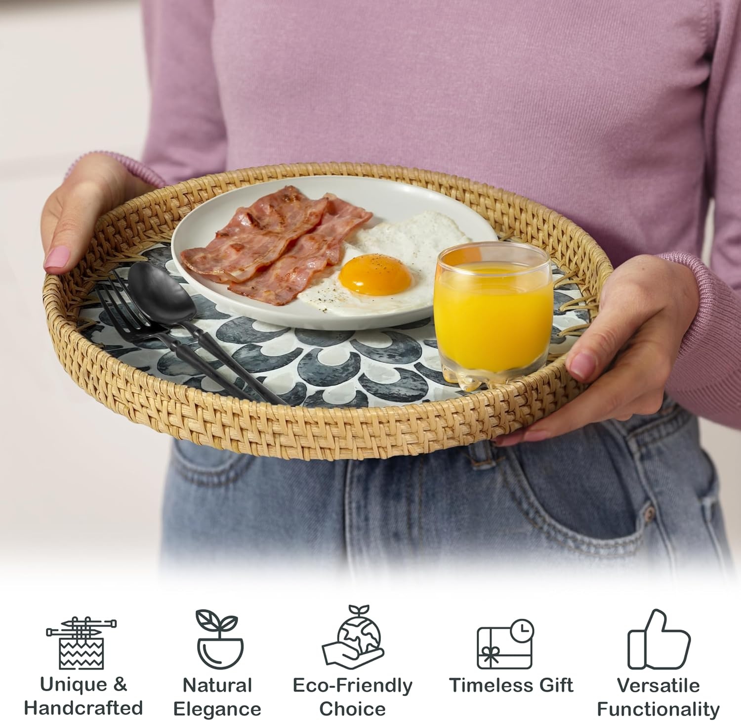 image:imageHOMESTEAD Rattan Serving Tray Round Decorative Wicker Ottoman Tray with Mother of Pearl Inlay for Coffee Table Kitchen and Home Storage Plume