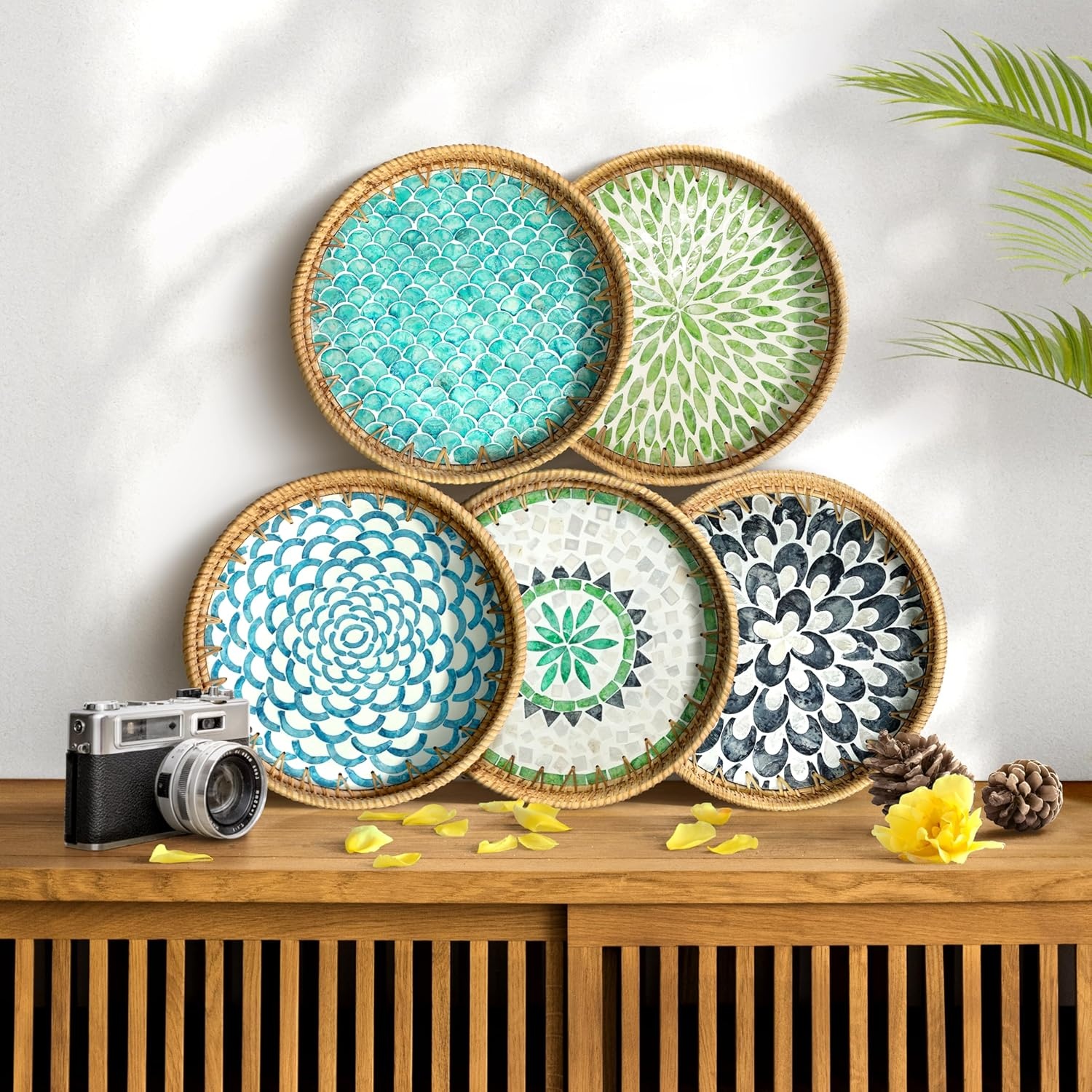 image:imageHOMESTEAD Rattan Serving Tray Round Decorative Wicker Ottoman Tray with Mother of Pearl Inlay for Coffee Table Kitchen and Home Storage Sea Scales