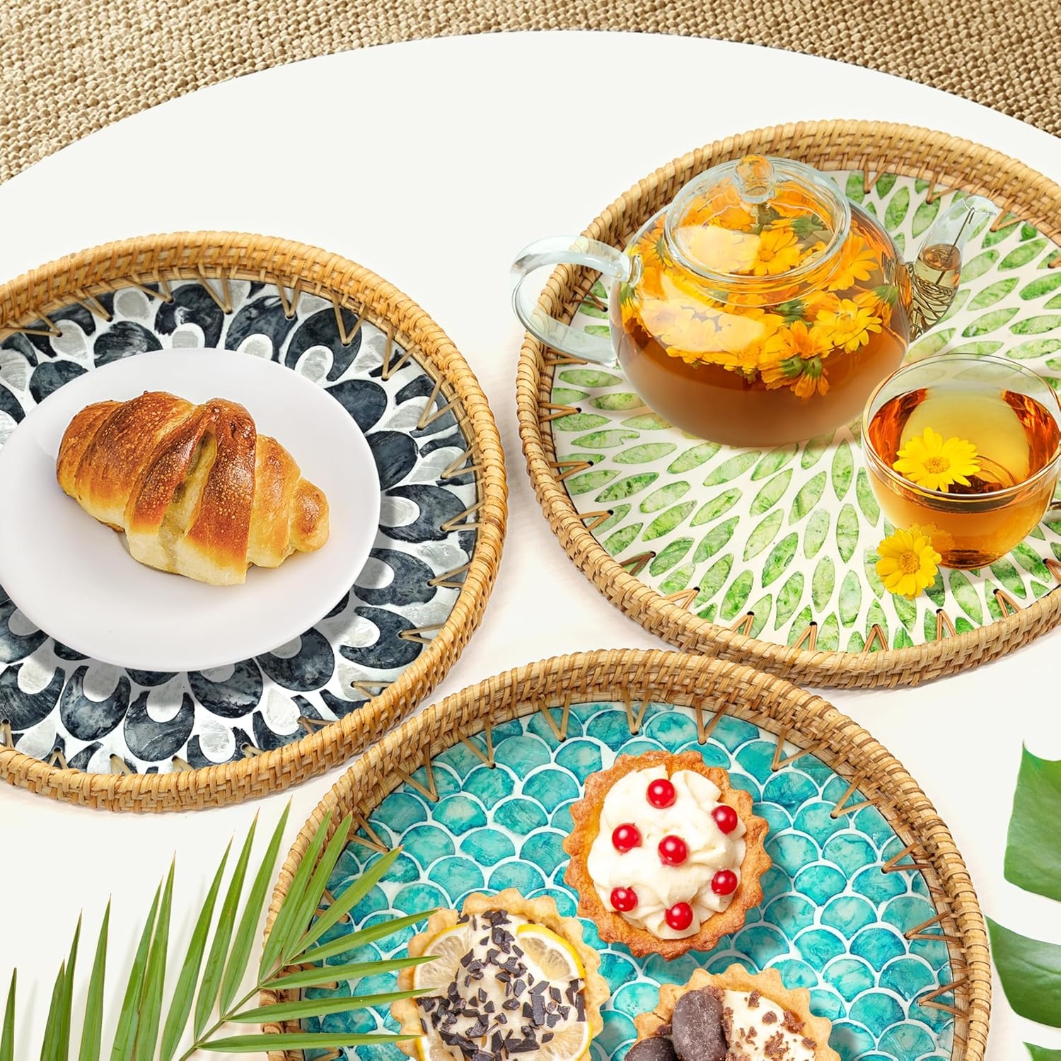 image:imageHOMESTEAD Rattan Serving Tray Round Decorative Wicker Ottoman Tray with Mother of Pearl Inlay for Coffee Table Kitchen and Home Storage Sea Scales