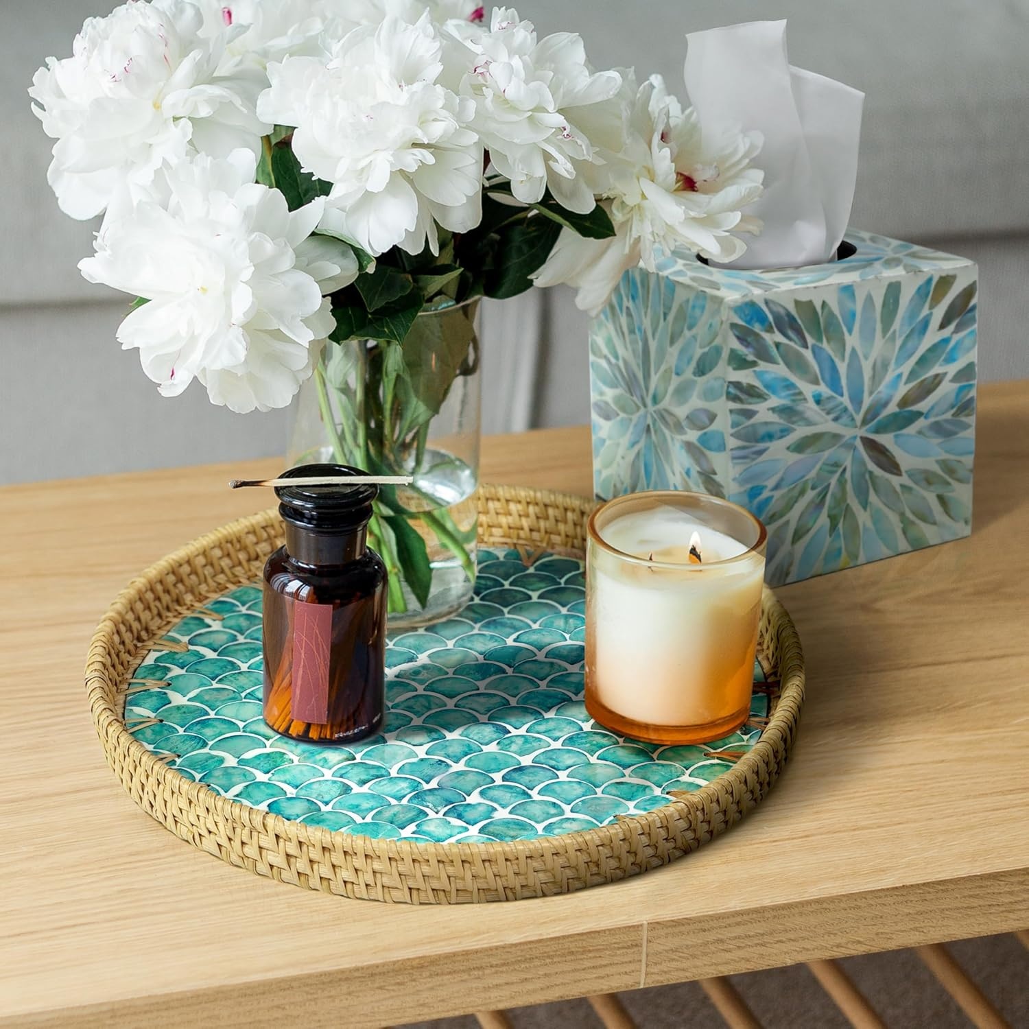 image:imageHOMESTEAD Rattan Serving Tray Round Decorative Wicker Ottoman Tray with Mother of Pearl Inlay for Coffee Table Kitchen and Home Storage Sea Scales
