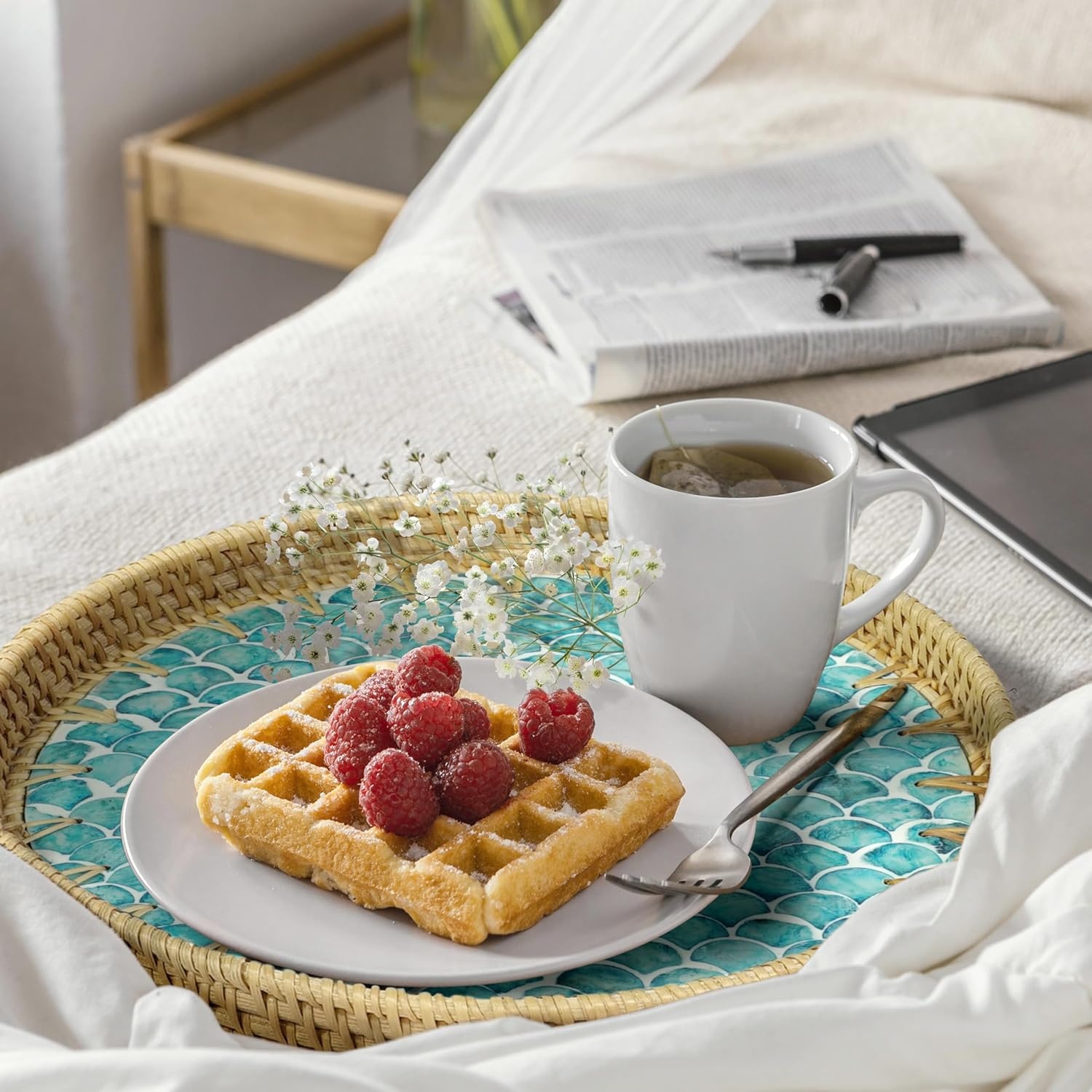 image:imageHOMESTEAD Rattan Serving Tray Round Decorative Wicker Ottoman Tray with Mother of Pearl Inlay for Coffee Table Kitchen and Home Storage Sea Scales