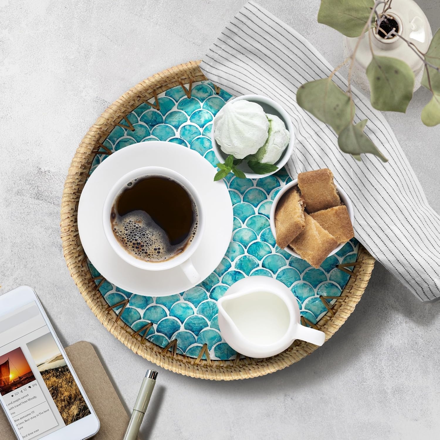 image:imageHOMESTEAD Rattan Serving Tray Round Decorative Wicker Ottoman Tray with Mother of Pearl Inlay for Coffee Table Kitchen and Home Storage Sea Scales
