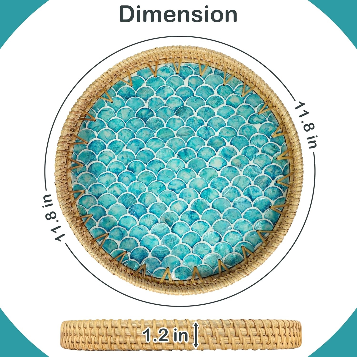 image:imageHOMESTEAD Rattan Serving Tray Round Decorative Wicker Ottoman Tray with Mother of Pearl Inlay for Coffee Table Kitchen and Home Storage Sea Scales