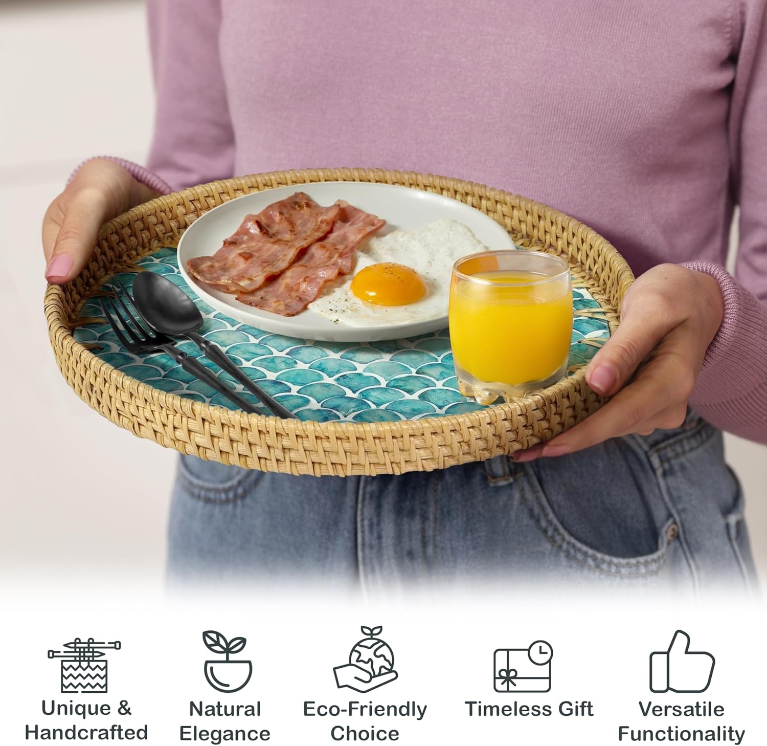 image:imageHOMESTEAD Rattan Serving Tray Round Decorative Wicker Ottoman Tray with Mother of Pearl Inlay for Coffee Table Kitchen and Home Storage Sea Scales