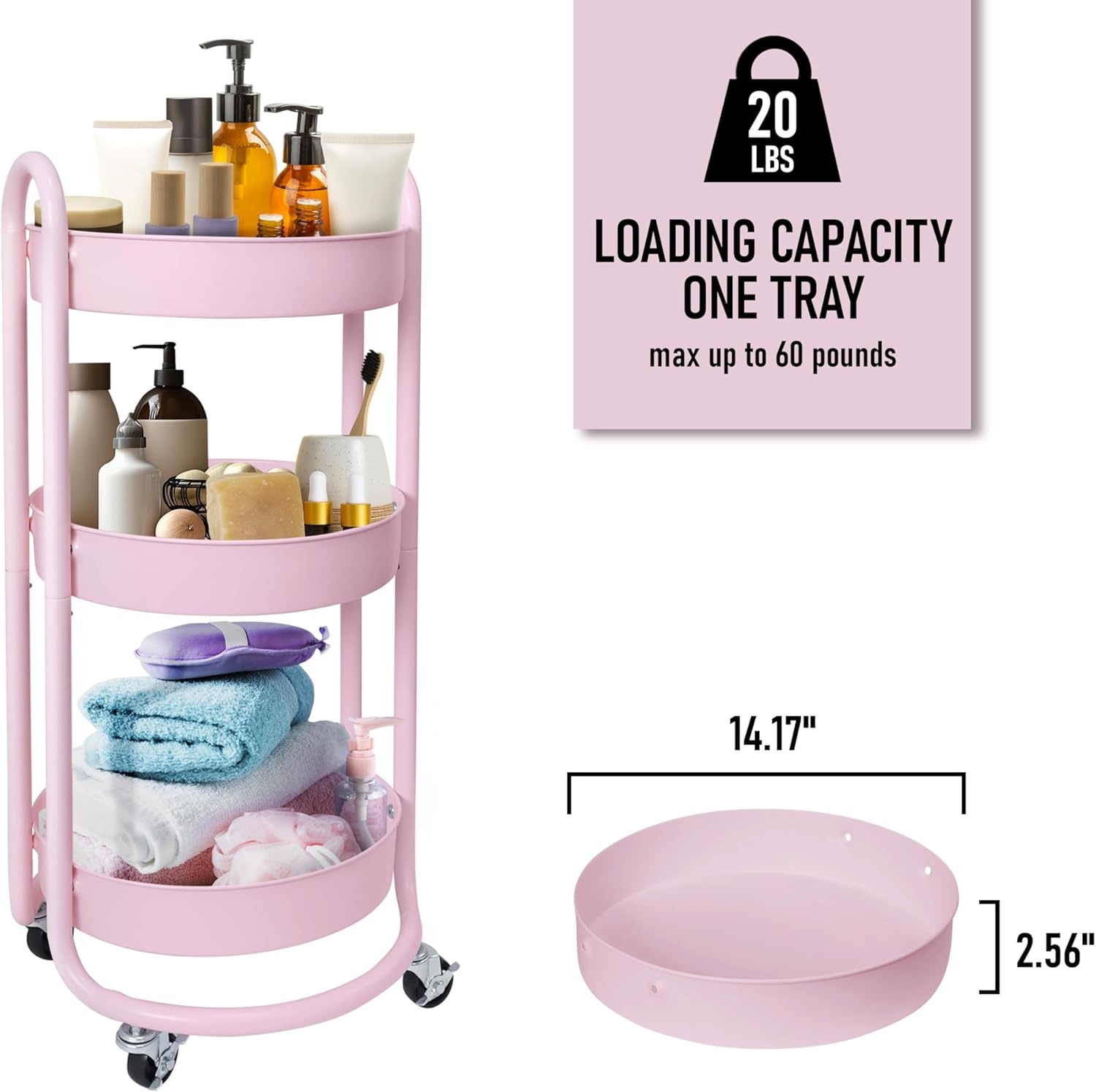 image:imageHOMESTEAD Round Rolling Cart 3 Tier Metal Utility Cart with Lockable Wheels 60 lb Heavy Duty Powder Coated Steel Frame 15 Diameter Storage Organizer for Living Room Kitchen Bedroom WhitePink