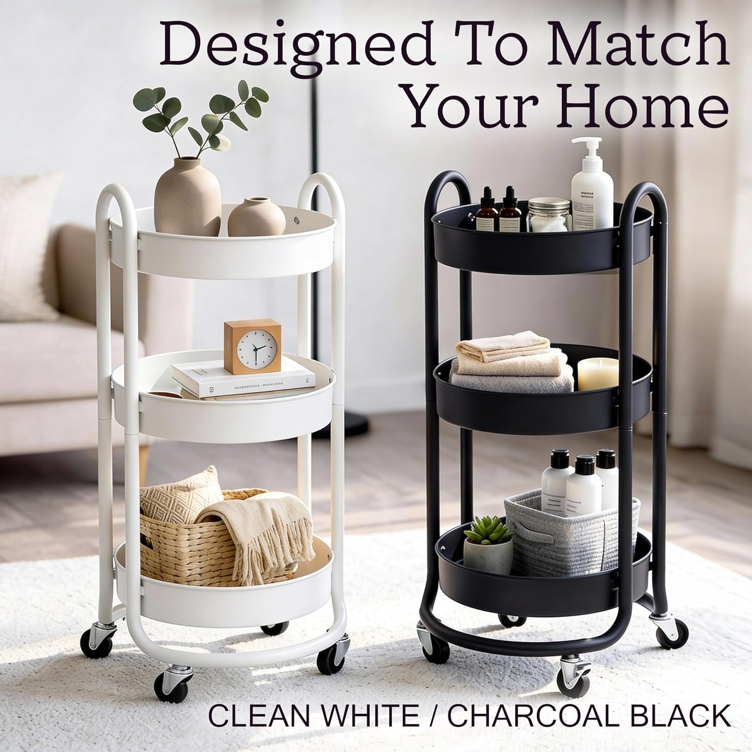 image:imageHOMESTEAD Round Rolling Cart 3 Tier Metal Utility Cart with Lockable Wheels 60 lb Heavy Duty Powder Coated Steel Frame 15 Diameter Storage Organizer for Living Room Kitchen Bedroom WhiteWhite