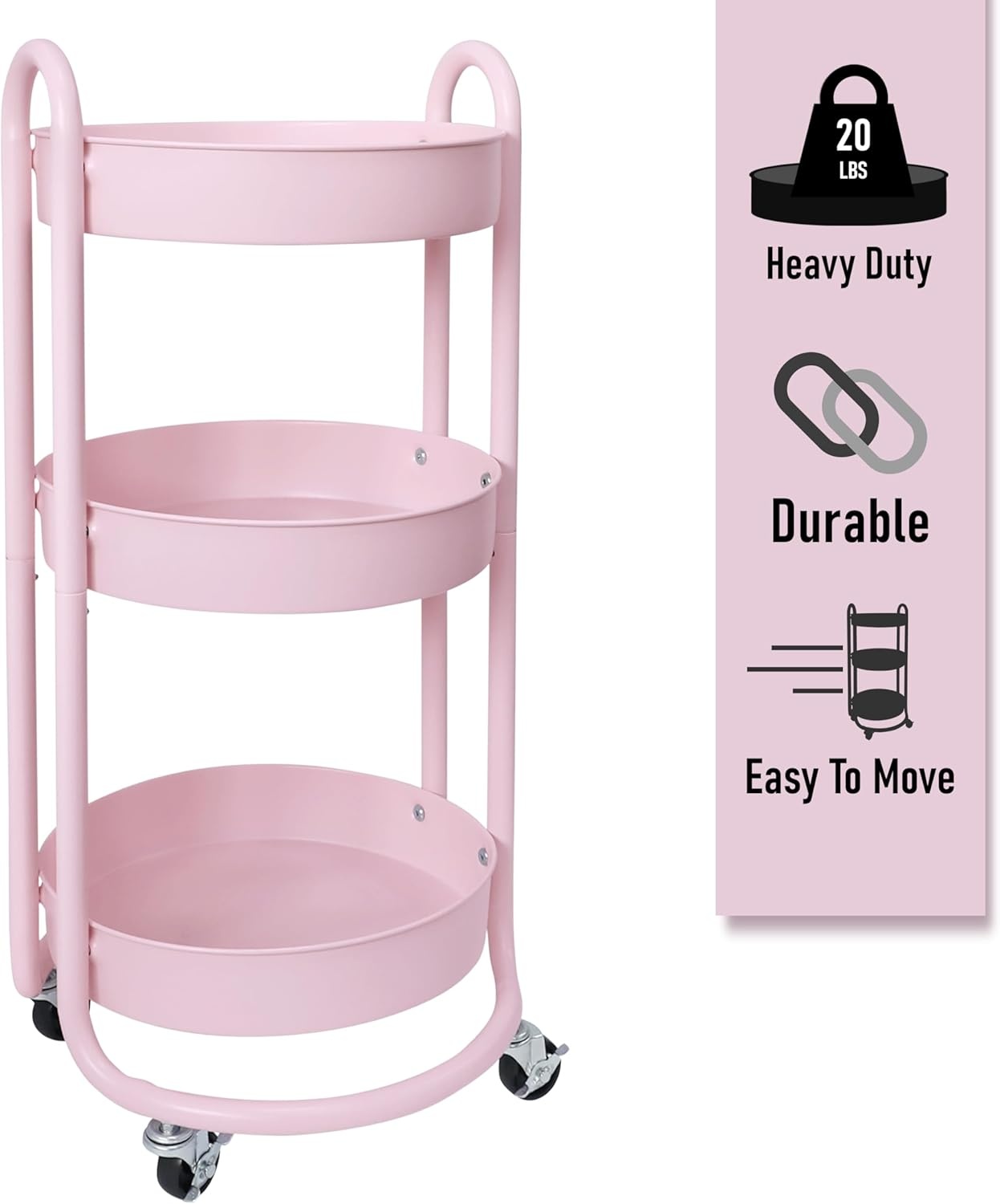 image:imageHOMESTEAD Round Rolling Cart 3 Tier Metal Utility Cart with Lockable Wheels 60 lb Heavy Duty Powder Coated Steel Frame 15 Diameter Storage Organizer for Living Room Kitchen Bedroom WhitePink