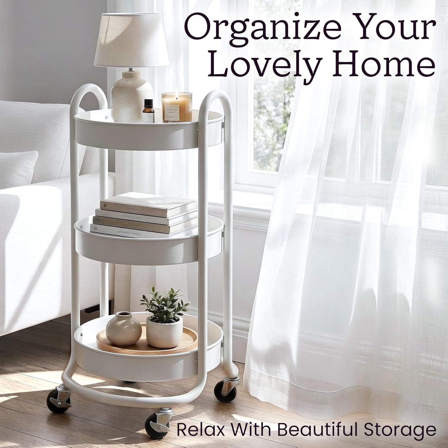 image:imageHOMESTEAD Round Rolling Cart 3 Tier Metal Utility Cart with Lockable Wheels 60 lb Heavy Duty Powder Coated Steel Frame 15 Diameter Storage Organizer for Living Room Kitchen Bedroom WhiteWhite