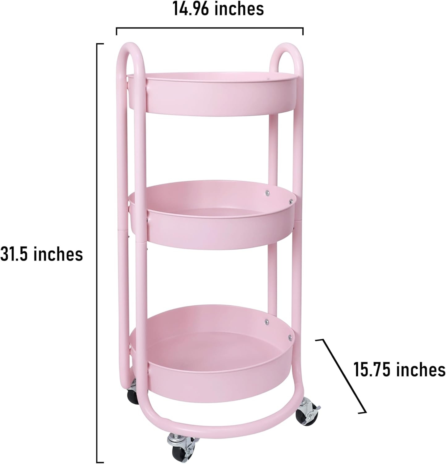 image:imageHOMESTEAD Round Rolling Cart 3 Tier Metal Utility Cart with Lockable Wheels 60 lb Heavy Duty Powder Coated Steel Frame 15 Diameter Storage Organizer for Living Room Kitchen Bedroom WhitePink