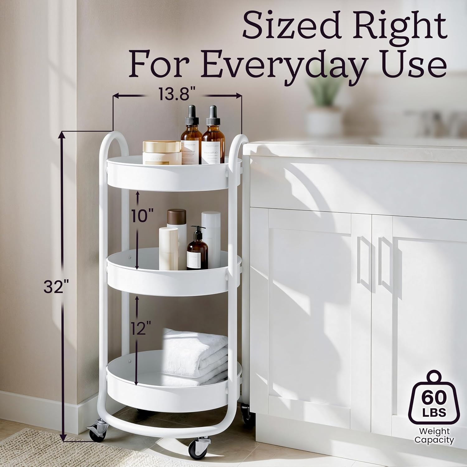 image:imageHOMESTEAD Round Rolling Cart 3 Tier Metal Utility Cart with Lockable Wheels 60 lb Heavy Duty Powder Coated Steel Frame 15 Diameter Storage Organizer for Living Room Kitchen Bedroom WhiteWhite