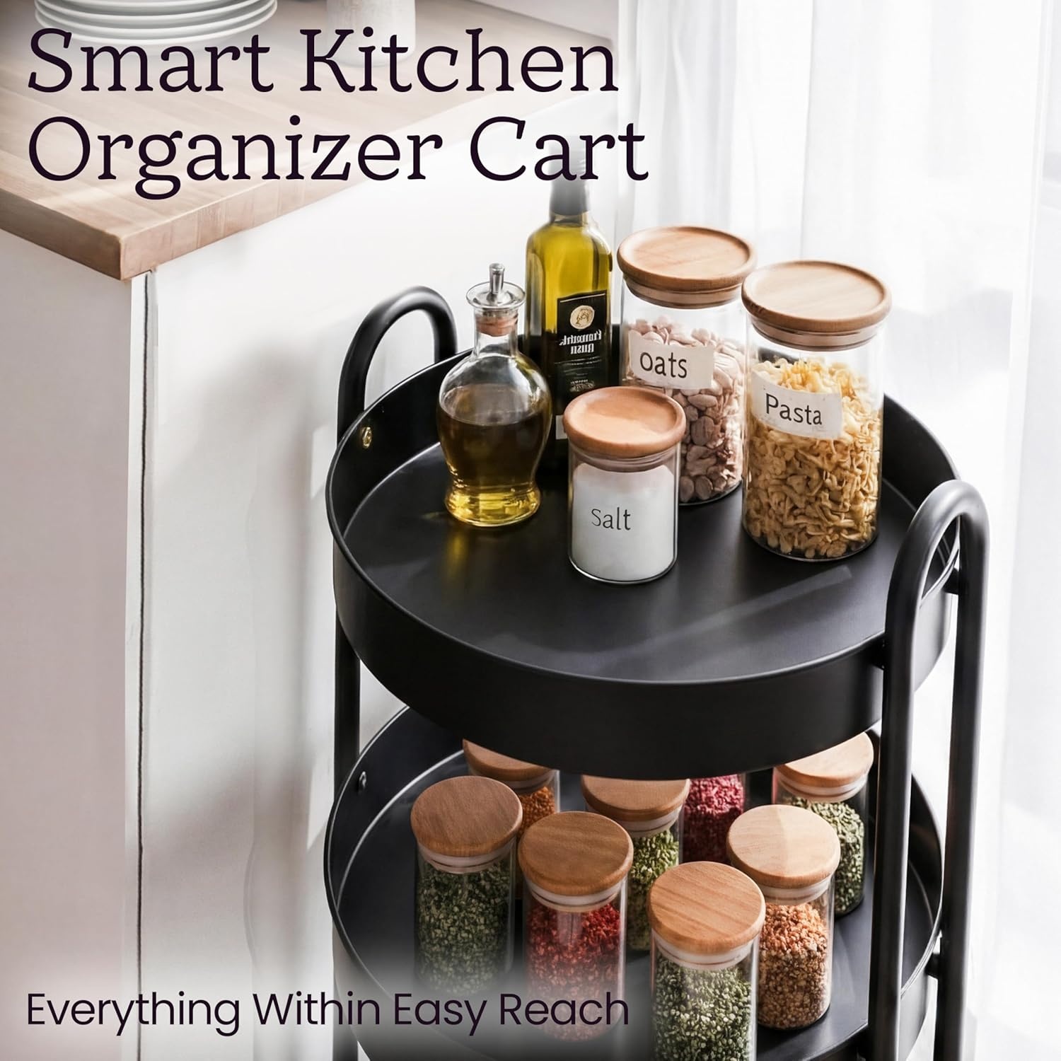 image:imageHOMESTEAD Round Rolling Cart 3 Tier Metal Utility Cart with Lockable Wheels 60 lb Heavy Duty Powder Coated Steel Frame 15 Diameter Storage Organizer for Living Room Kitchen Bedroom WhiteCharcoal Black