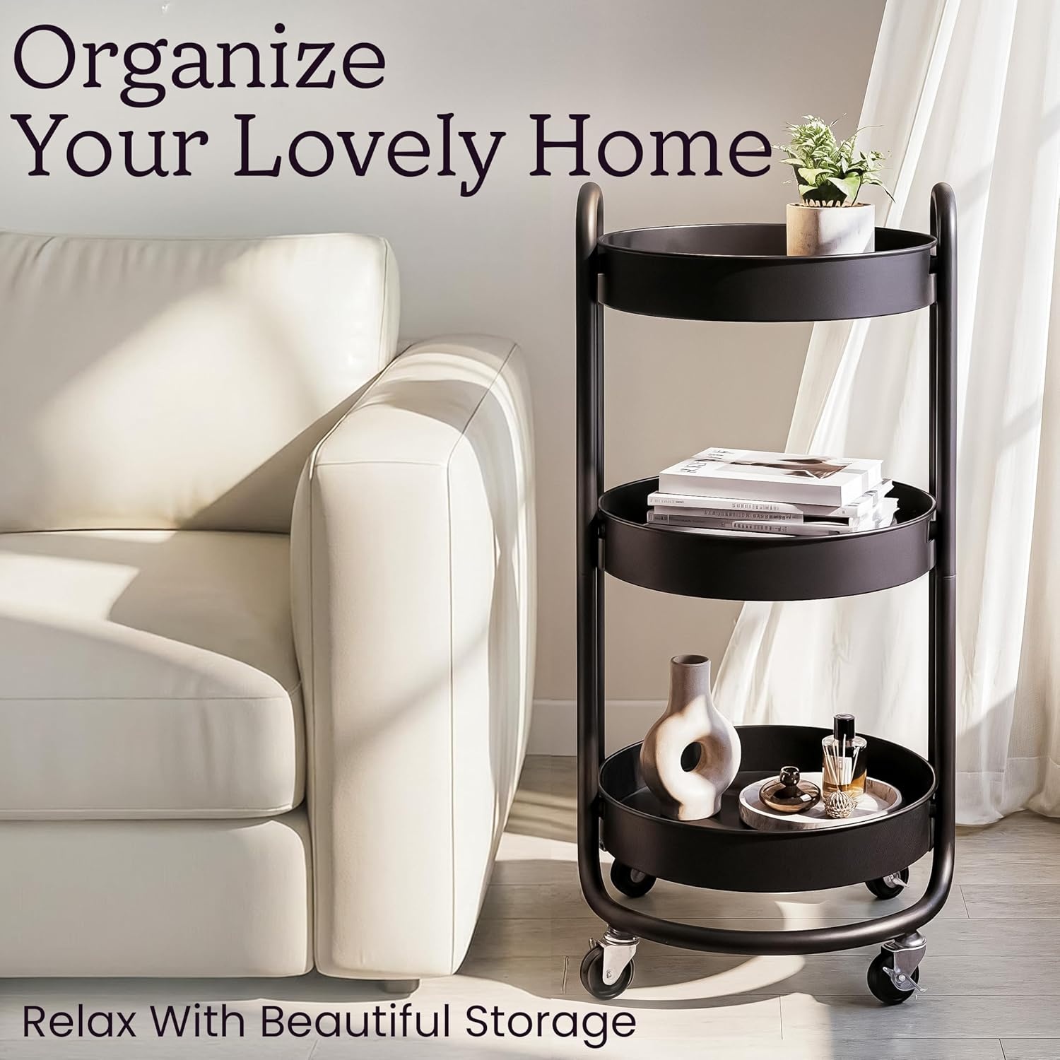 image:imageHOMESTEAD Round Rolling Cart 3 Tier Metal Utility Cart with Lockable Wheels 60 lb Heavy Duty Powder Coated Steel Frame 15 Diameter Storage Organizer for Living Room Kitchen Bedroom WhiteCharcoal Black