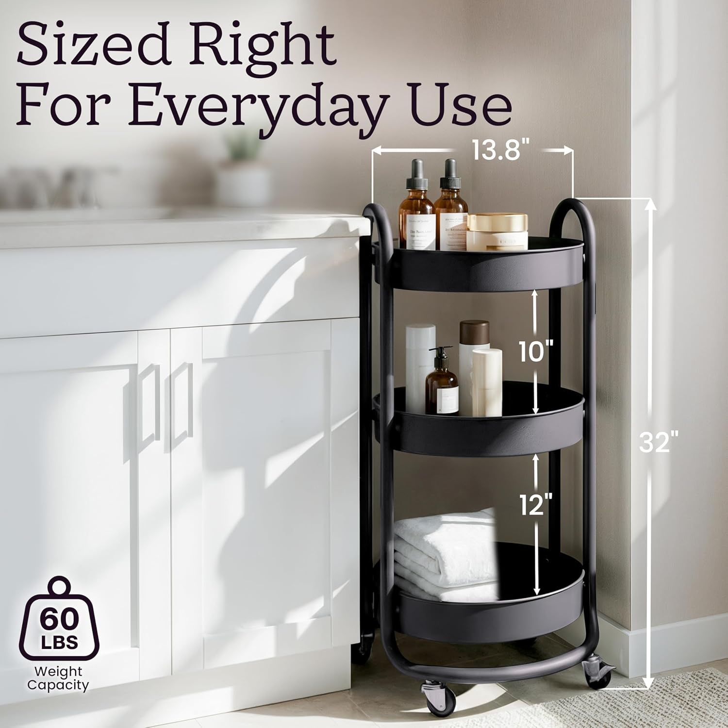 image:imageHOMESTEAD Round Rolling Cart 3 Tier Metal Utility Cart with Lockable Wheels 60 lb Heavy Duty Powder Coated Steel Frame 15 Diameter Storage Organizer for Living Room Kitchen Bedroom WhiteCharcoal Black