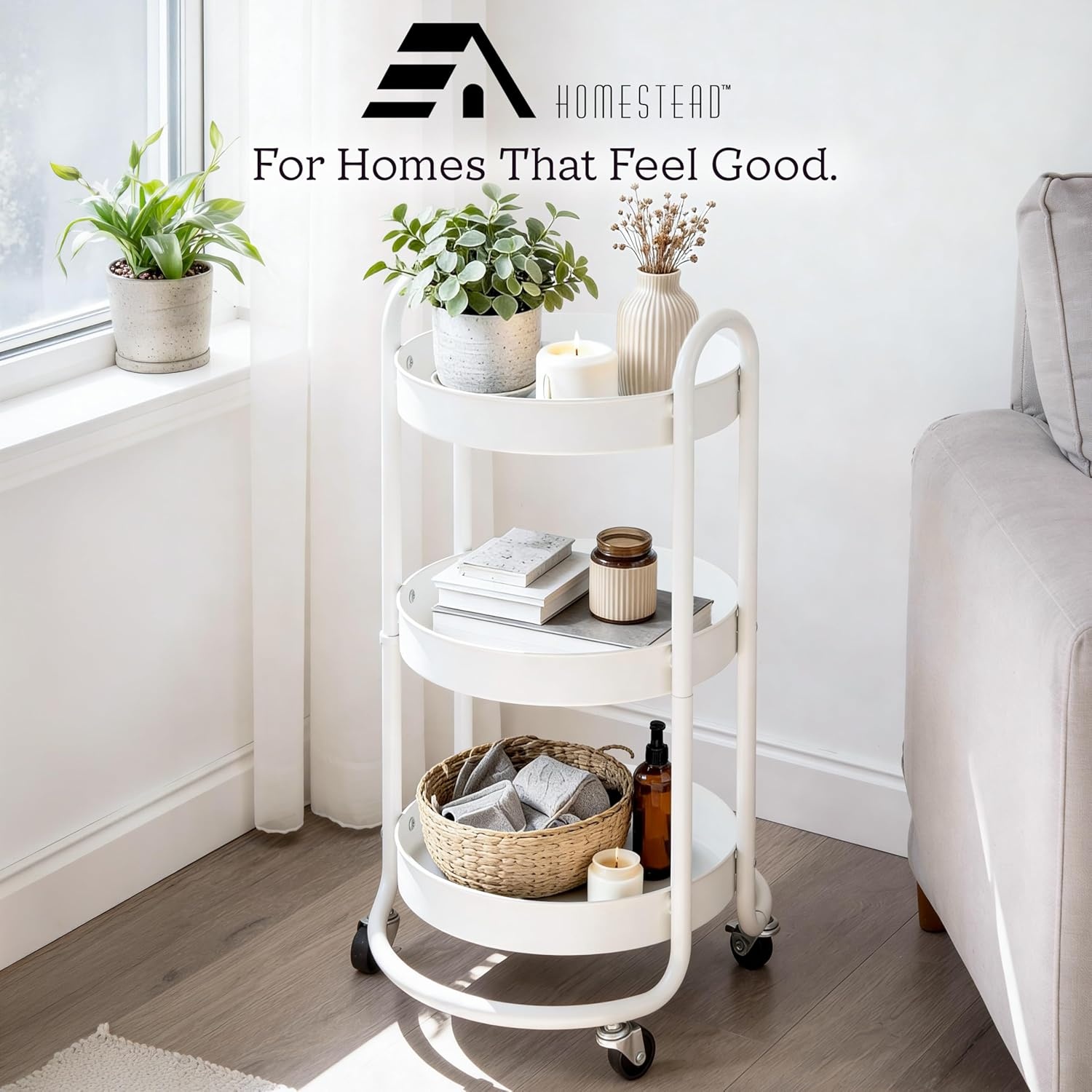 image:imageHOMESTEAD Round Rolling Cart 3 Tier Metal Utility Cart with Lockable Wheels 60 lb Heavy Duty Powder Coated Steel Frame 15 Diameter Storage Organizer for Living Room Kitchen Bedroom WhiteWhite