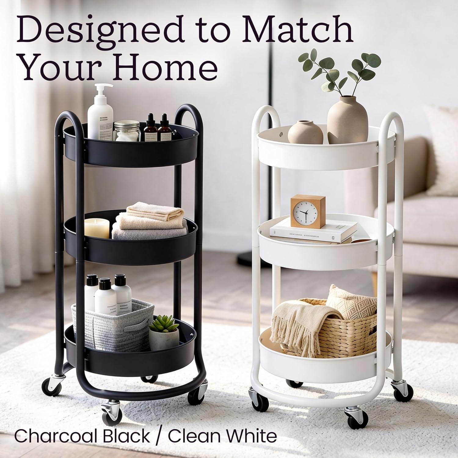 image:imageHOMESTEAD Round Rolling Cart 3 Tier Metal Utility Cart with Lockable Wheels 60 lb Heavy Duty Powder Coated Steel Frame 15 Diameter Storage Organizer for Living Room Kitchen Bedroom WhiteCharcoal Black