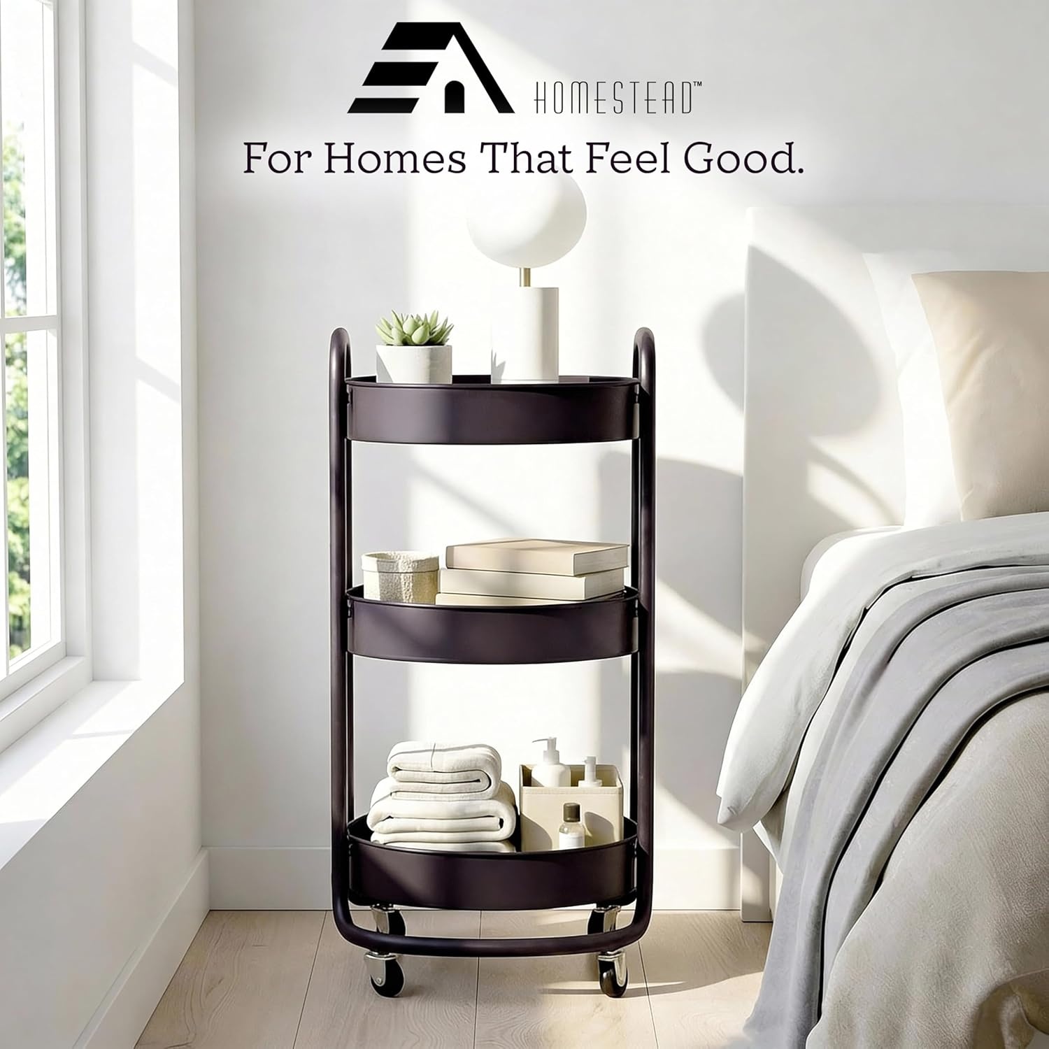 image:imageHOMESTEAD Round Rolling Cart 3 Tier Metal Utility Cart with Lockable Wheels 60 lb Heavy Duty Powder Coated Steel Frame 15 Diameter Storage Organizer for Living Room Kitchen Bedroom WhiteCharcoal Black