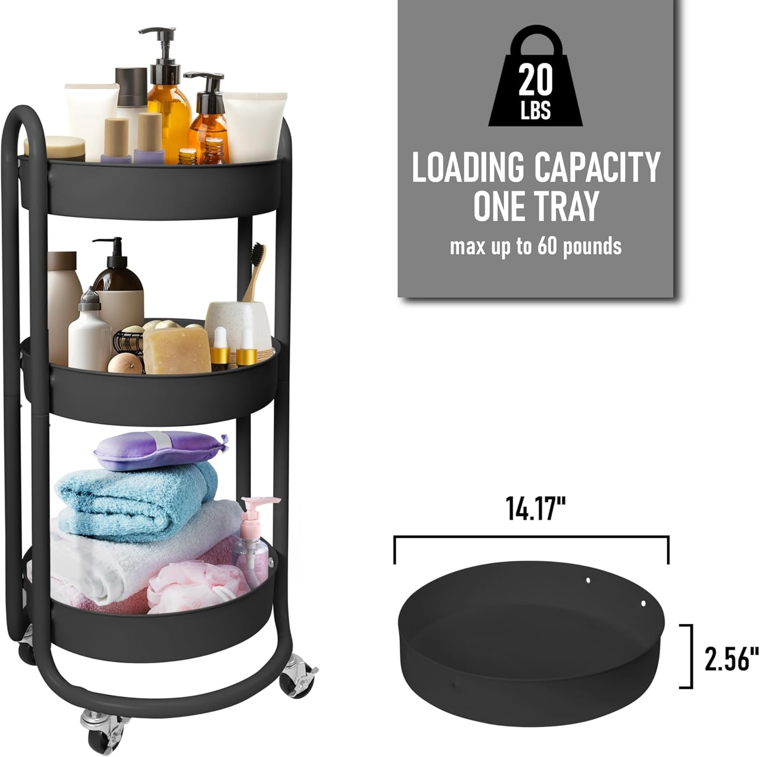 image:imageHOMESTEAD Round Rolling Side Table Cart 3 Tier Metal Utility 60 lb Heavy Duty 15 Diameter Lockable 360 Casters PowderCoat Storage for Kitchen Bedroom Office Bath 157 x 149 x 315 Black