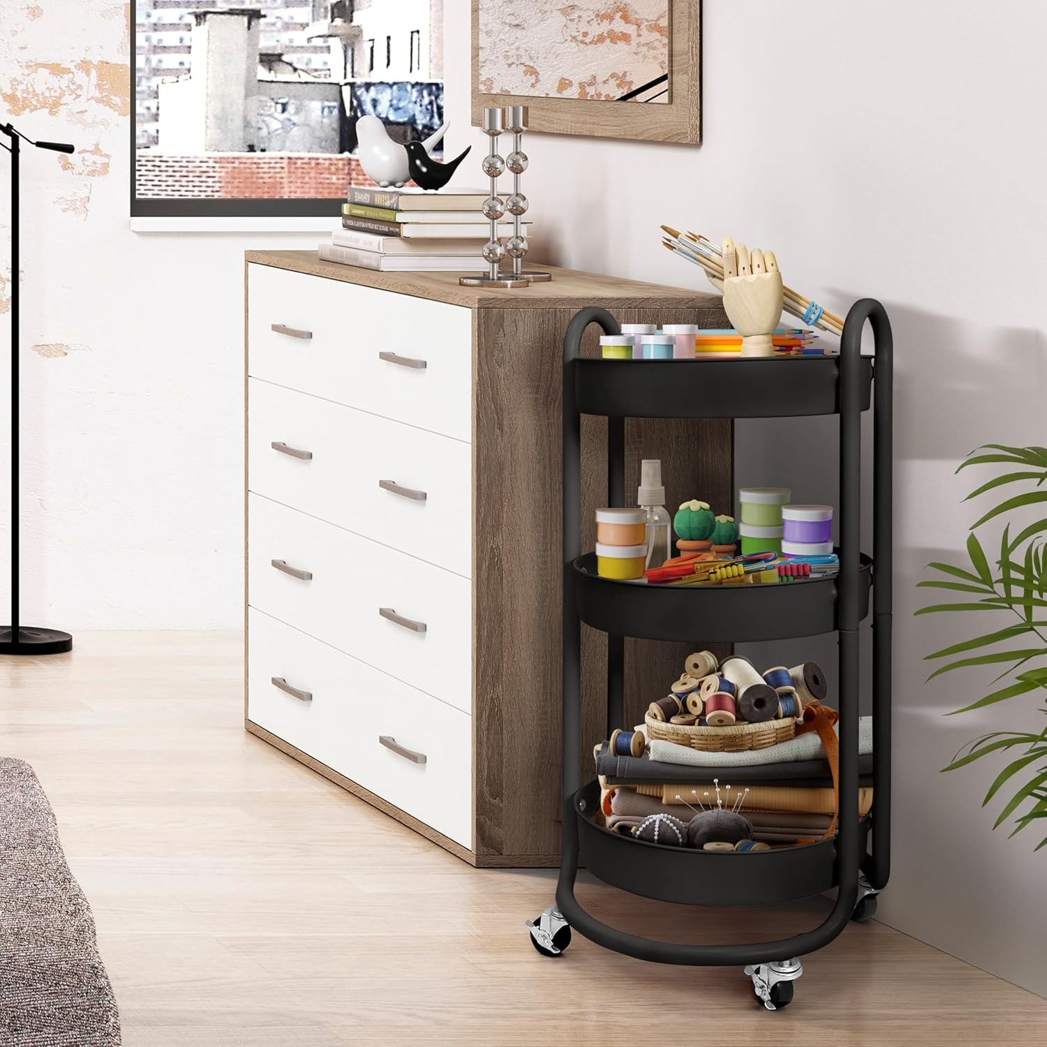 image:imageHOMESTEAD Round Rolling Side Table Cart 3 Tier Metal Utility 60 lb Heavy Duty 15 Diameter Lockable 360 Casters PowderCoat Storage for Kitchen Bedroom Office Bath 157 x 149 x 315 Black