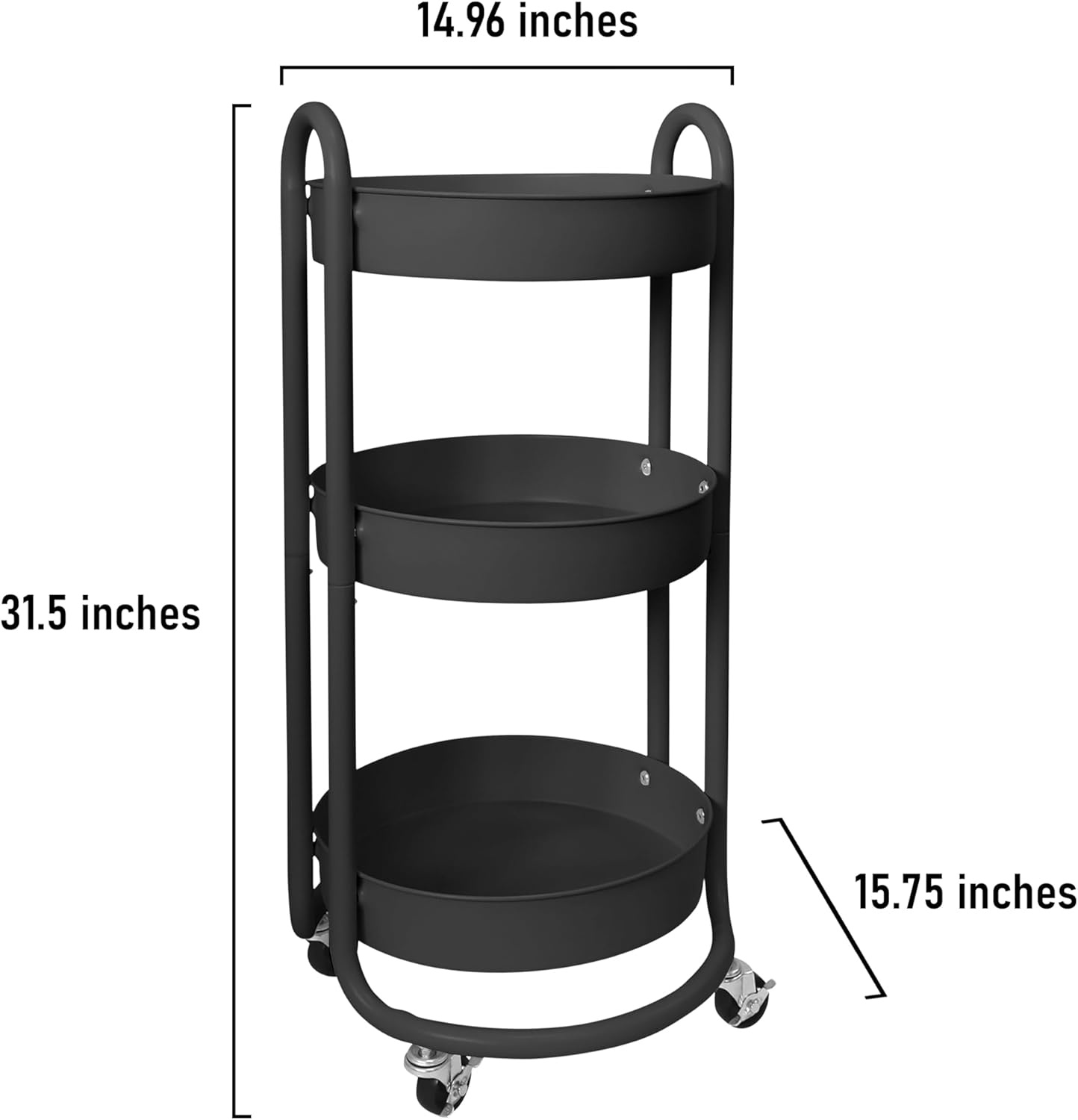 image:imageHOMESTEAD Round Rolling Side Table Cart 3 Tier Metal Utility 60 lb Heavy Duty 15 Diameter Lockable 360 Casters PowderCoat Storage for Kitchen Bedroom Office Bath 157 x 149 x 315 Black