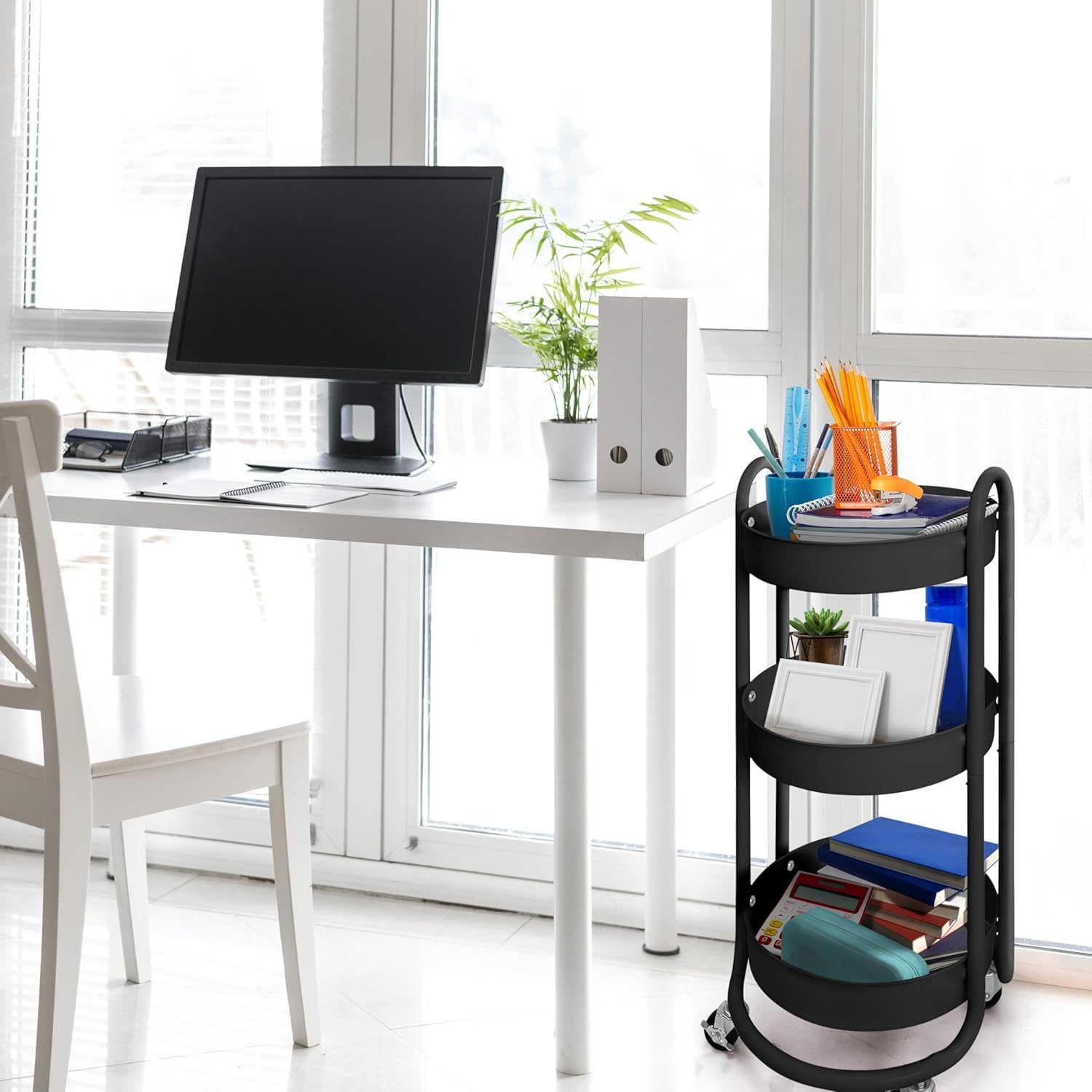image:imageHOMESTEAD Round Rolling Side Table Cart 3 Tier Metal Utility 60 lb Heavy Duty 15 Diameter Lockable 360 Casters PowderCoat Storage for Kitchen Bedroom Office Bath 157 x 149 x 315 Black