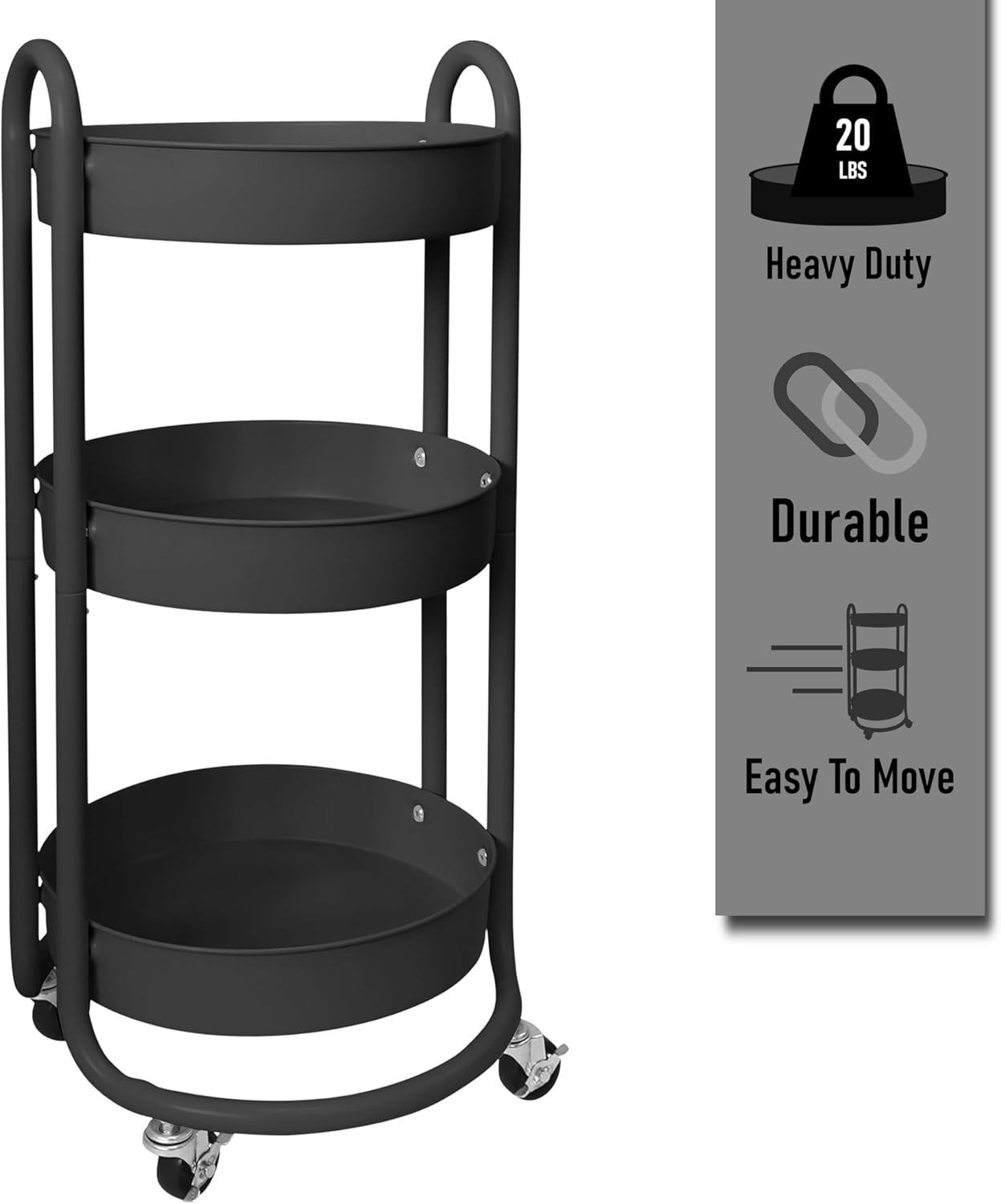 image:imageHOMESTEAD Round Rolling Side Table Cart 3 Tier Metal Utility 60 lb Heavy Duty 15 Diameter Lockable 360 Casters PowderCoat Storage for Kitchen Bedroom Office Bath 157 x 149 x 315 Black