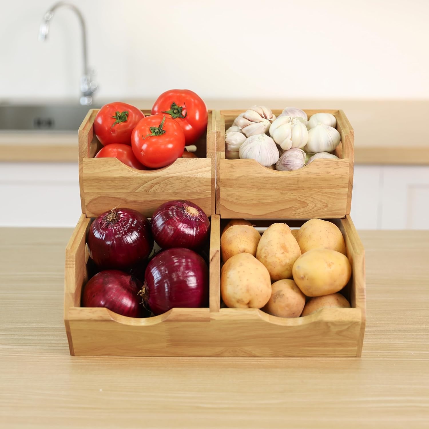 image:imageHOMESTEAD Stackable Solid Wood Storage Bins for Pantry amp Countertop Ventilated Potato and Onion Organizer with Handles Wooden Produce Storage Containers NaturalNatural