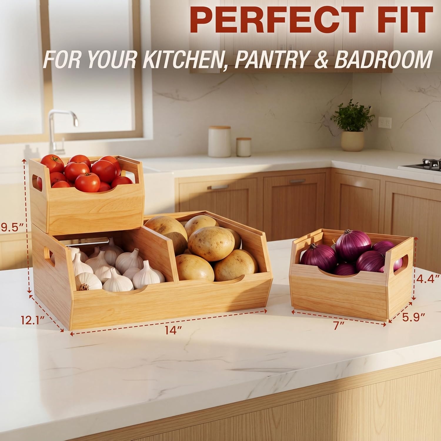 image:imageHOMESTEAD Stackable Solid Wood Storage Bins for Pantry amp Countertop Ventilated Potato and Onion Organizer with Handles Wooden Produce Storage Containers NaturalNatural Wood