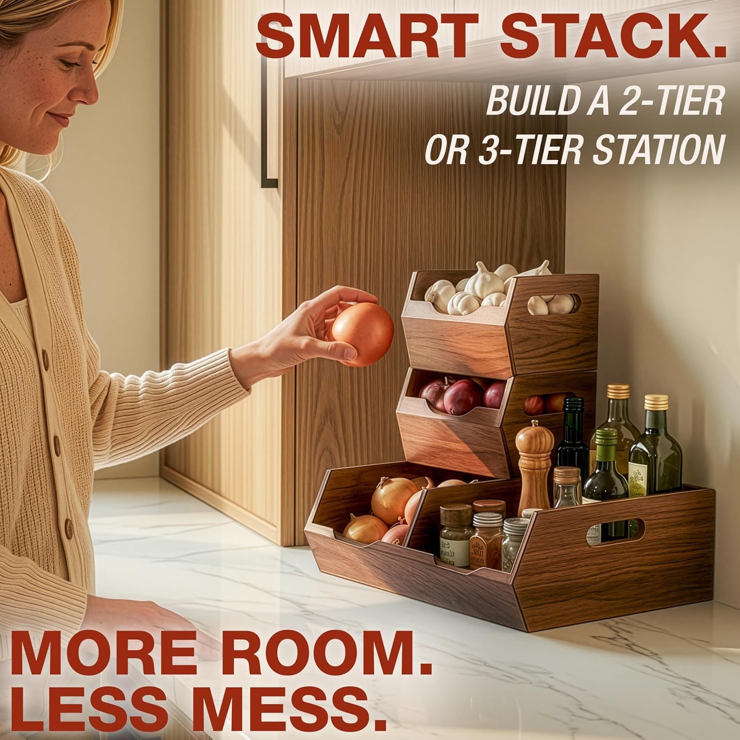 image:imageHOMESTEAD Stackable Solid Wood Storage Bins for Pantry amp Countertop Ventilated Potato and Onion Organizer with Handles Wooden Produce Storage Containers NaturalChestnut