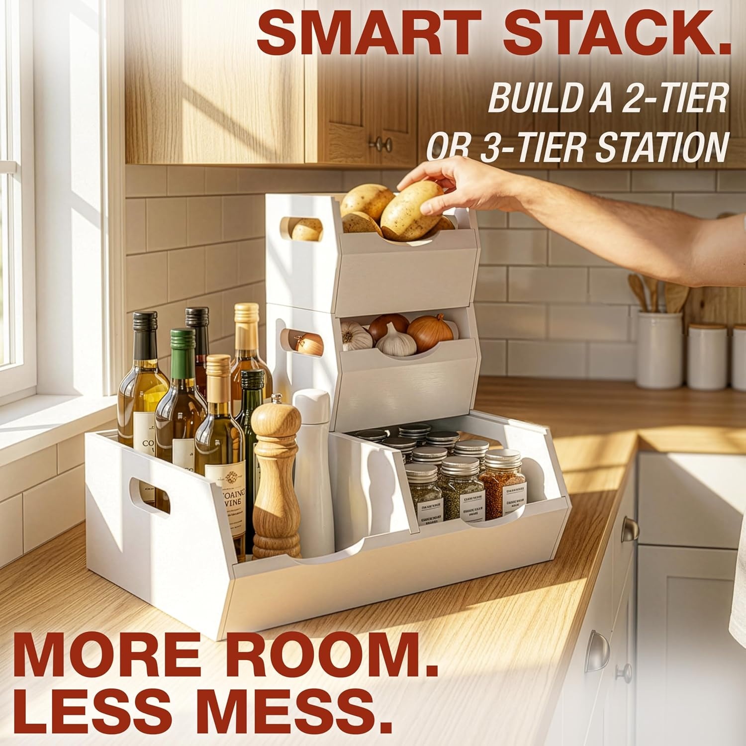 image:imageHOMESTEAD Stackable Solid Wood Storage Bins for Pantry amp Countertop Ventilated Potato and Onion Organizer with Handles Wooden Produce Storage Containers NaturalWhite