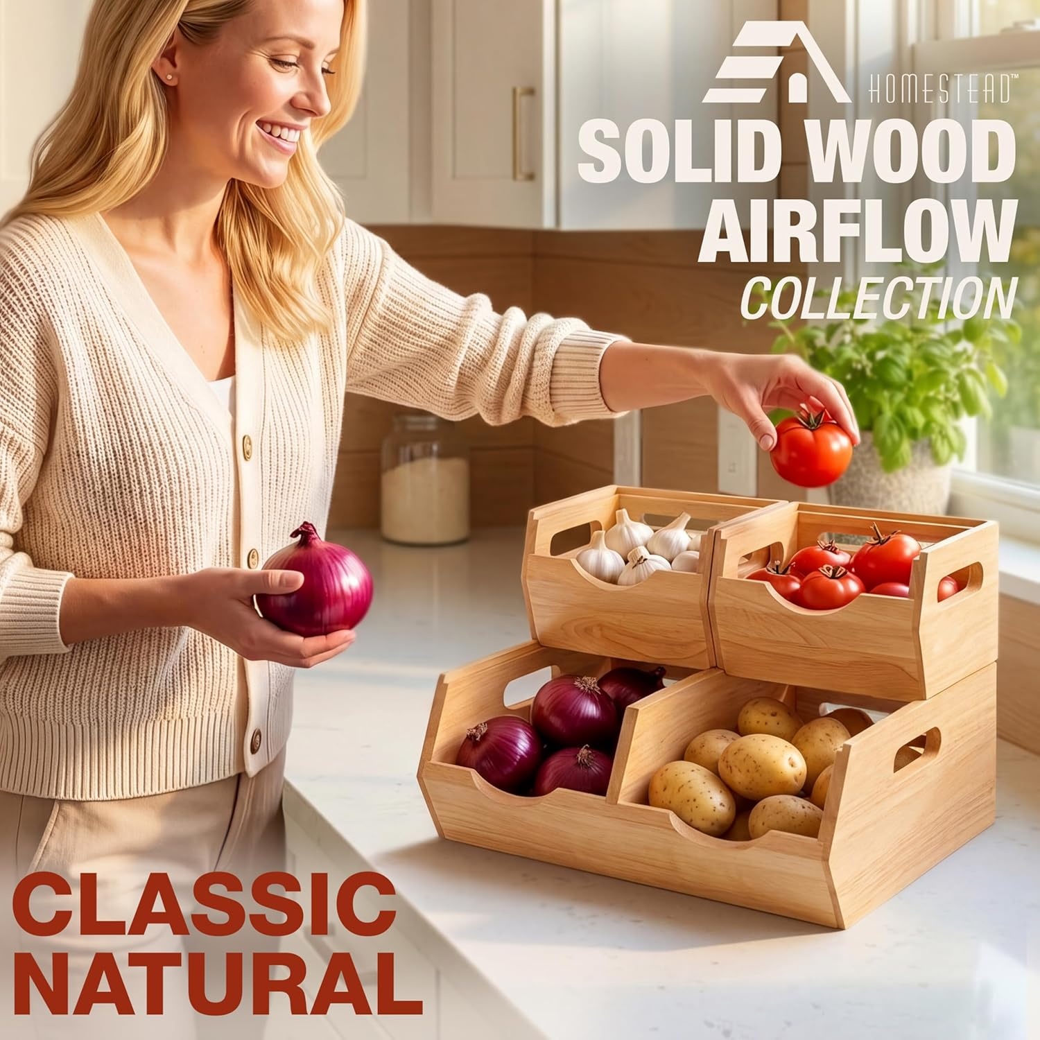 image:imageHOMESTEAD Stackable Solid Wood Storage Bins for Pantry amp Countertop Ventilated Potato and Onion Organizer with Handles Wooden Produce Storage Containers NaturalNatural Wood