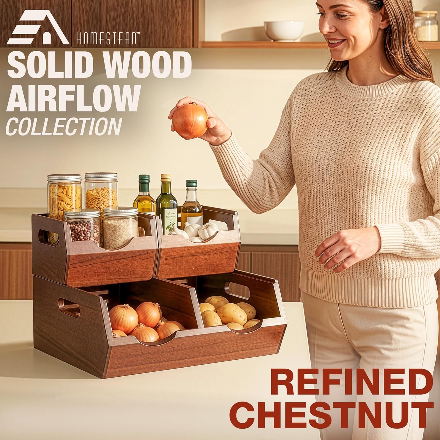image:imageHOMESTEAD Stackable Solid Wood Storage Bins for Pantry amp Countertop Ventilated Potato and Onion Organizer with Handles Wooden Produce Storage Containers NaturalChestnut