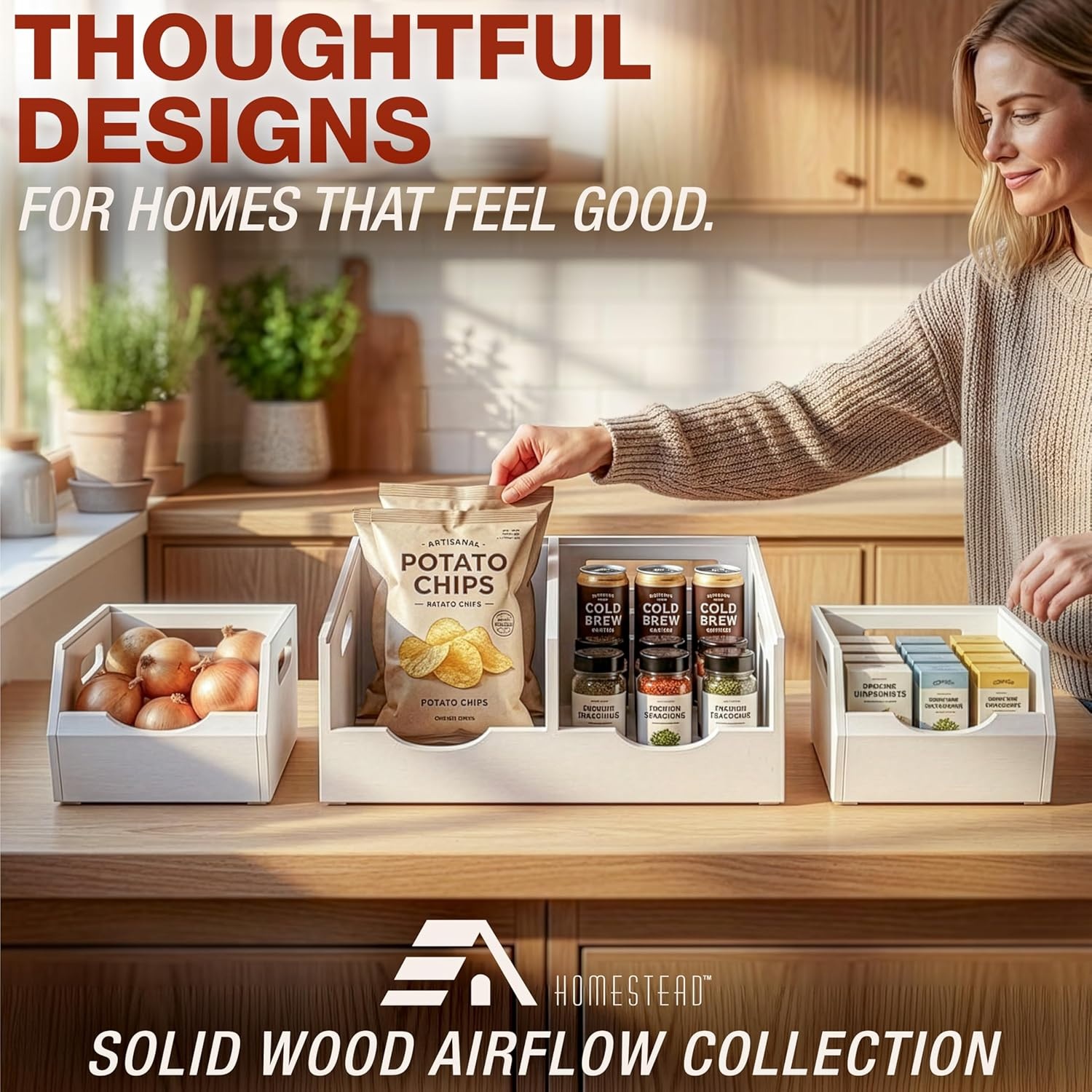 image:imageHOMESTEAD Stackable Solid Wood Storage Bins for Pantry amp Countertop Ventilated Potato and Onion Organizer with Handles Wooden Produce Storage Containers NaturalWhite