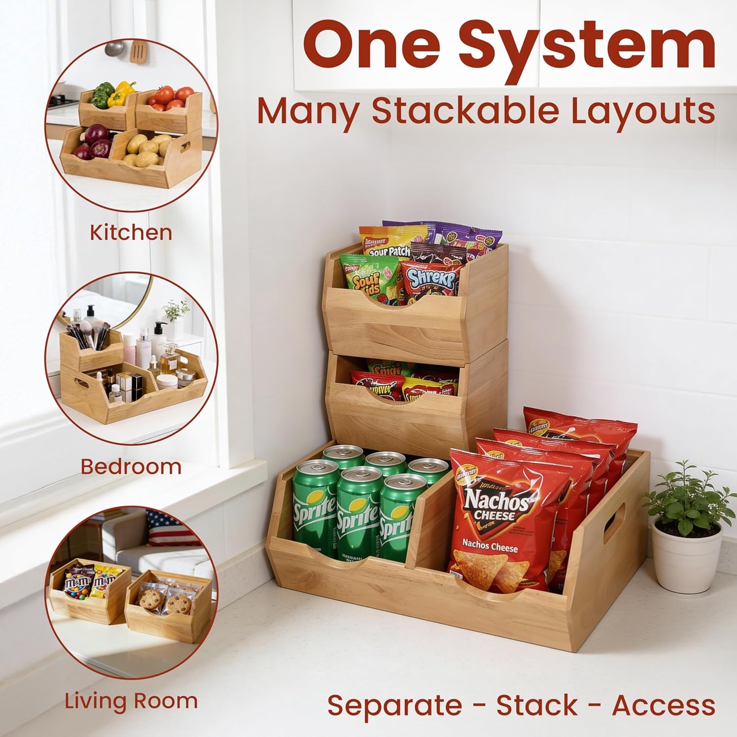 image:imageHOMESTEAD Stackable Solid Wood Storage Bins for Pantry amp Countertop Ventilated Potato and Onion Organizer with Handles Wooden Produce Storage Containers NaturalNatural
