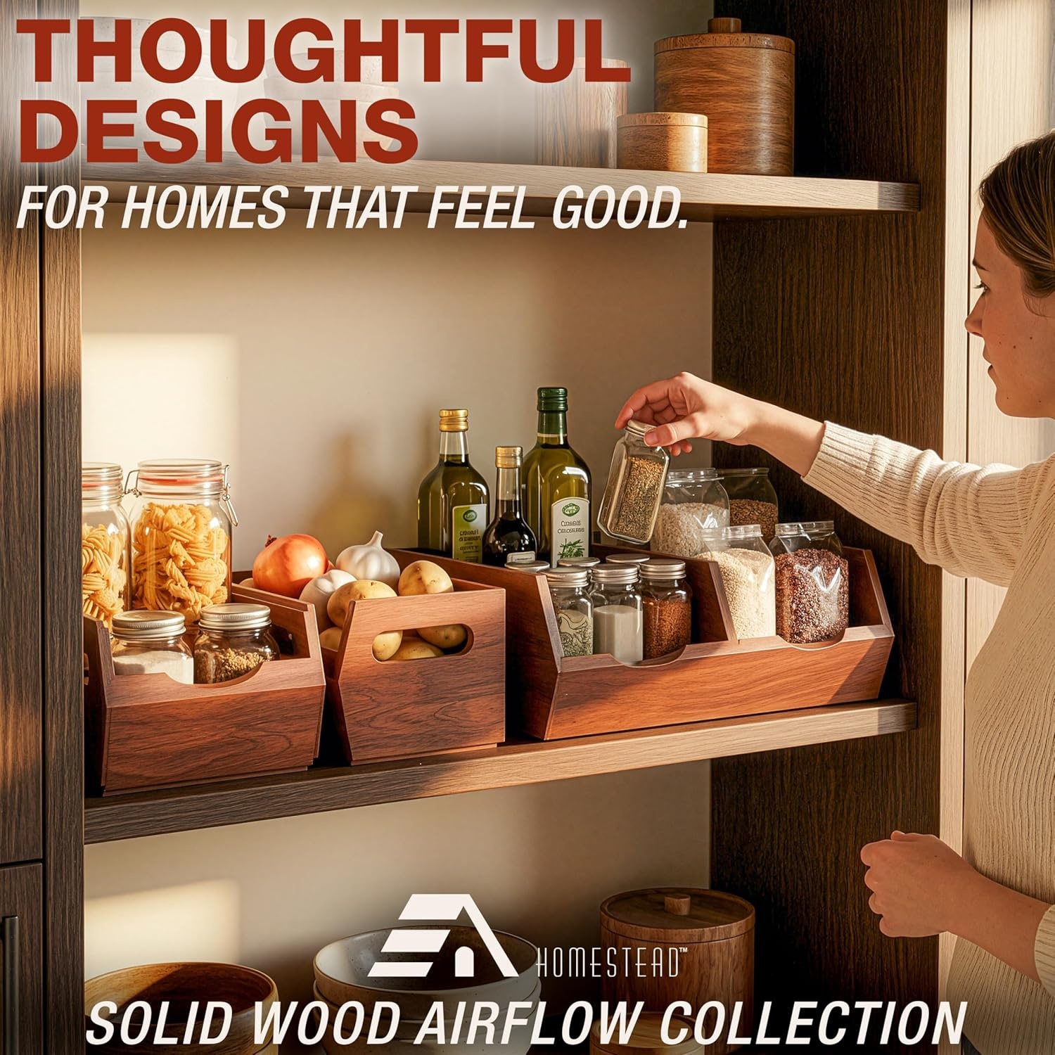 image:imageHOMESTEAD Stackable Solid Wood Storage Bins for Pantry amp Countertop Ventilated Potato and Onion Organizer with Handles Wooden Produce Storage Containers NaturalChestnut